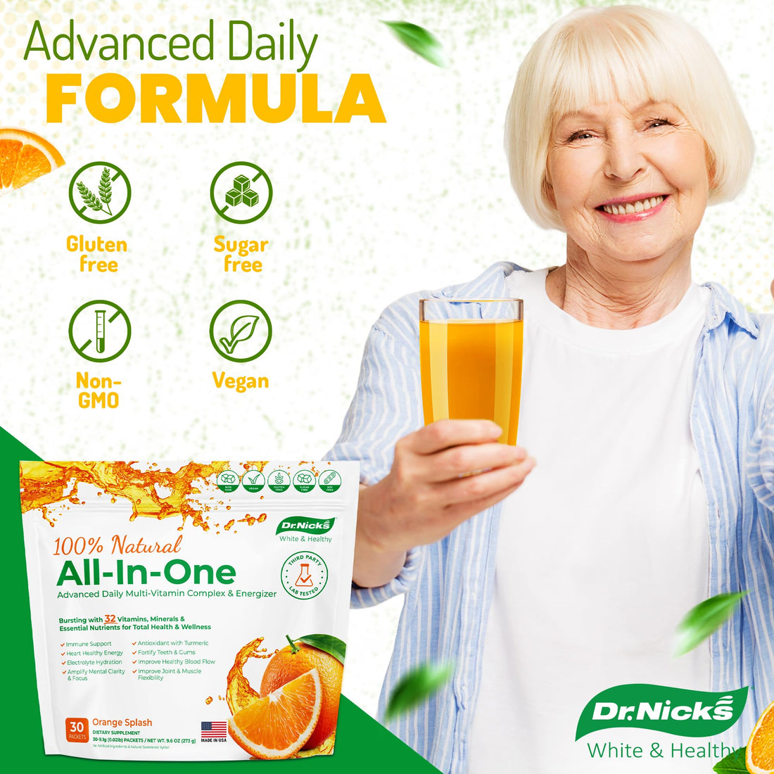 Dr. Nick's All-in-One Multivitamin Drink Mix Packets – for Everyday Vitality and Elite Oral Care – Dentist Formulated with Premium Non-GMO, Vegan, and Gluten-Free Ingredients – Orange Splash Flavor