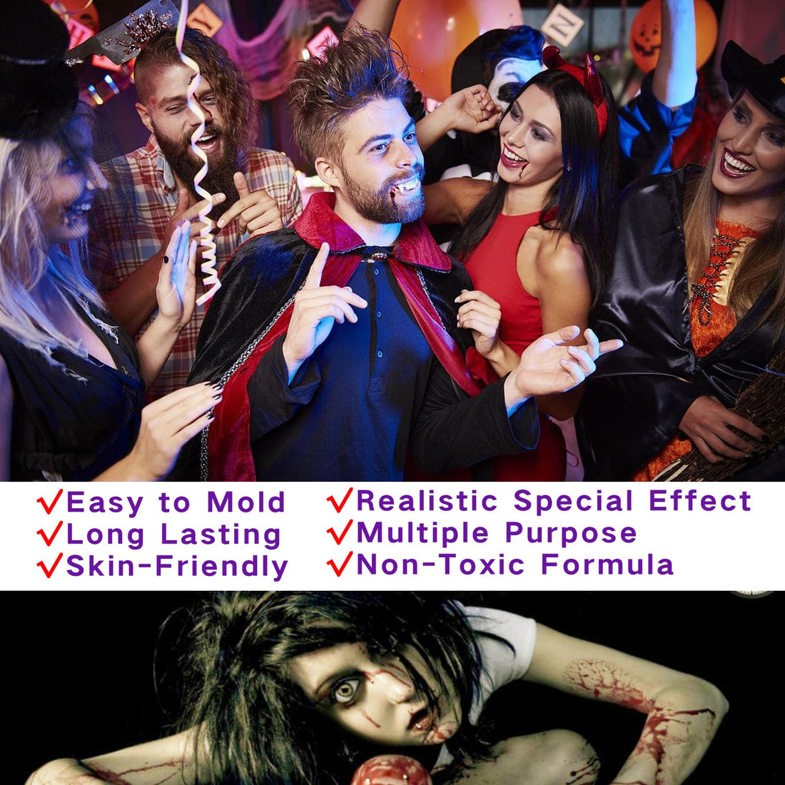 MEICOLY 3pcs SFX Special Effects Makeup Kit - Fake Nose Putty, Scar Wax, Fake Blood Scab Gel, Dark