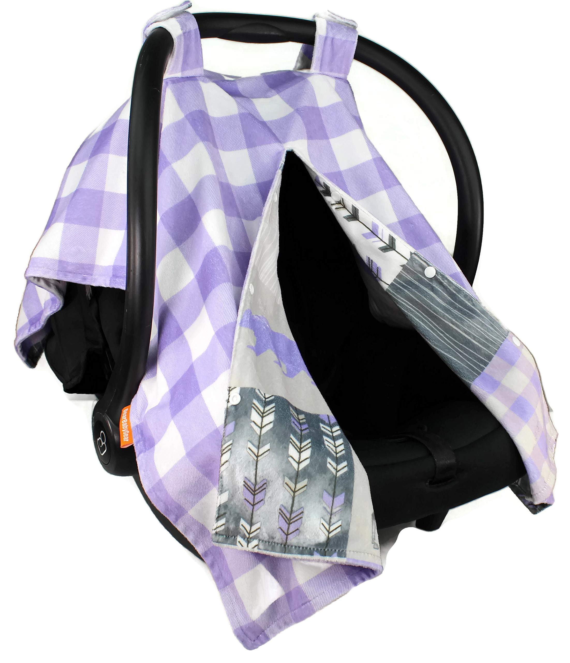 Dear Baby Gear Deluxe Reversible Car Seat Canopy, Custom Minky Print, Adventure Little Lady Faux Quilt Lavender and Lavender Lumberjack Plaid