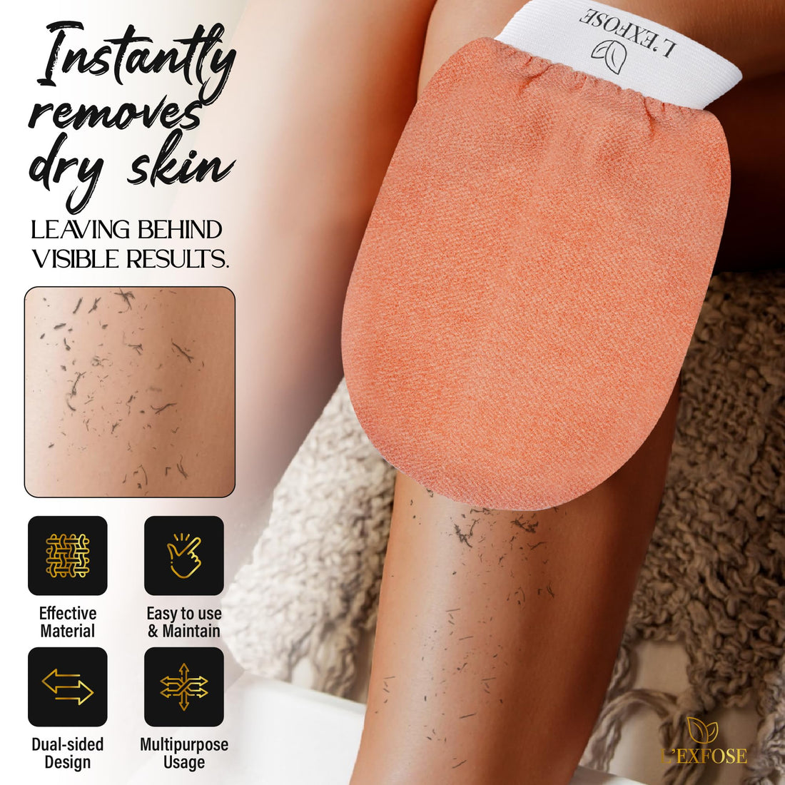 L'Exfose Kessa Hammam Deep Exfoliating Glove 2pc - Korean Exfoliating Mitt for Shower Ideal for Dead Skin Remover, Keratosis Pilaris & Self-Tanning to Improve Skin Tone Made with 100% Natural Viscose