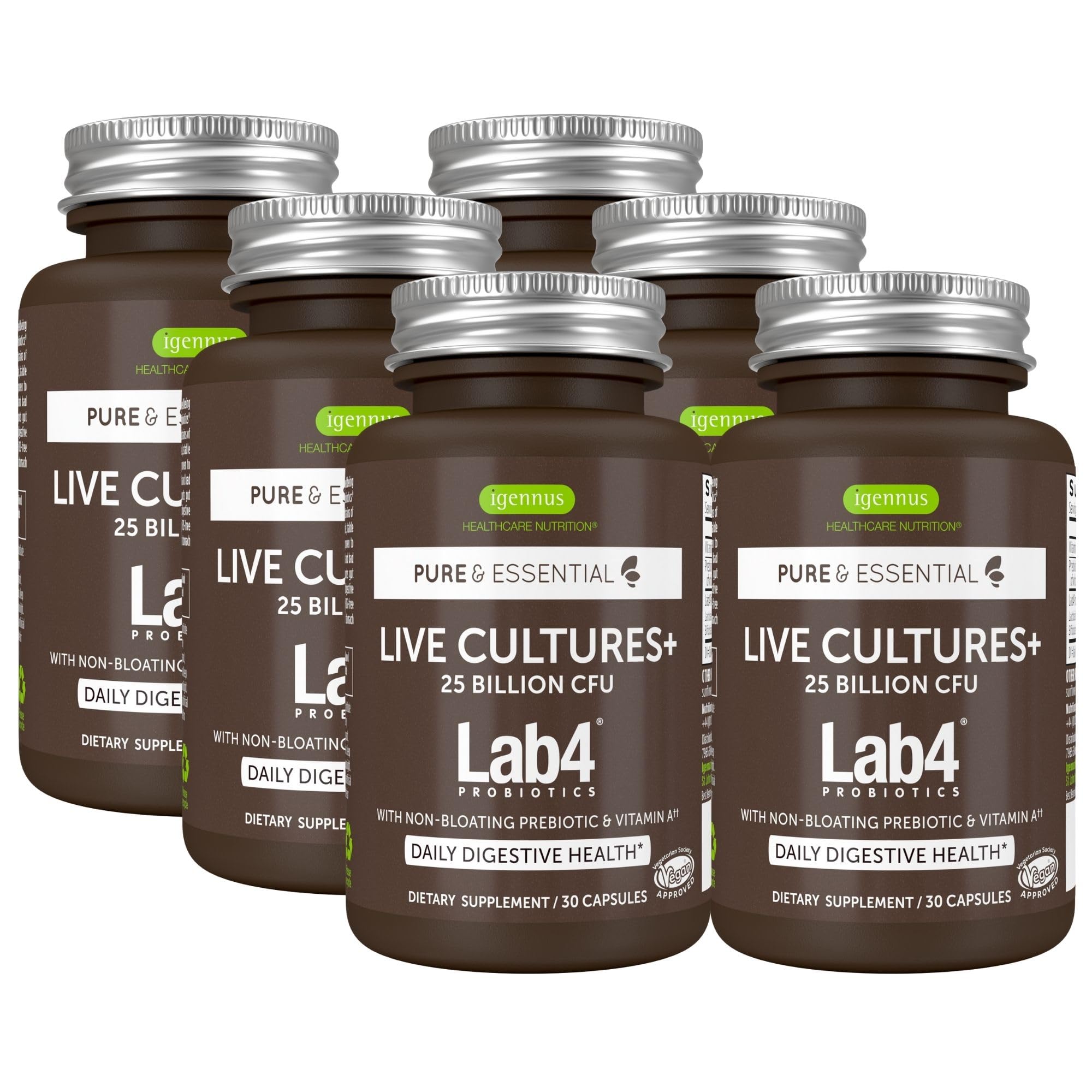 Igennus Probiotics & Prebiotic, Lactobacillus Acidophilus & Bifidobacterium, Live Cultures+ Lab4, Guaranteed 25 Billion CFU, for Women & Men, Non-Bloating Gut Health Support, Non-GMO, 6 x 30 Capsules
