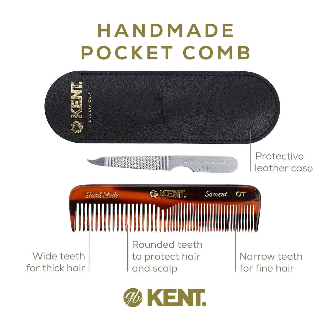 Kent Authentic Handmade Pocket Comb with Metal File and Real Calf Leather Case, Dark Brown, 110mm