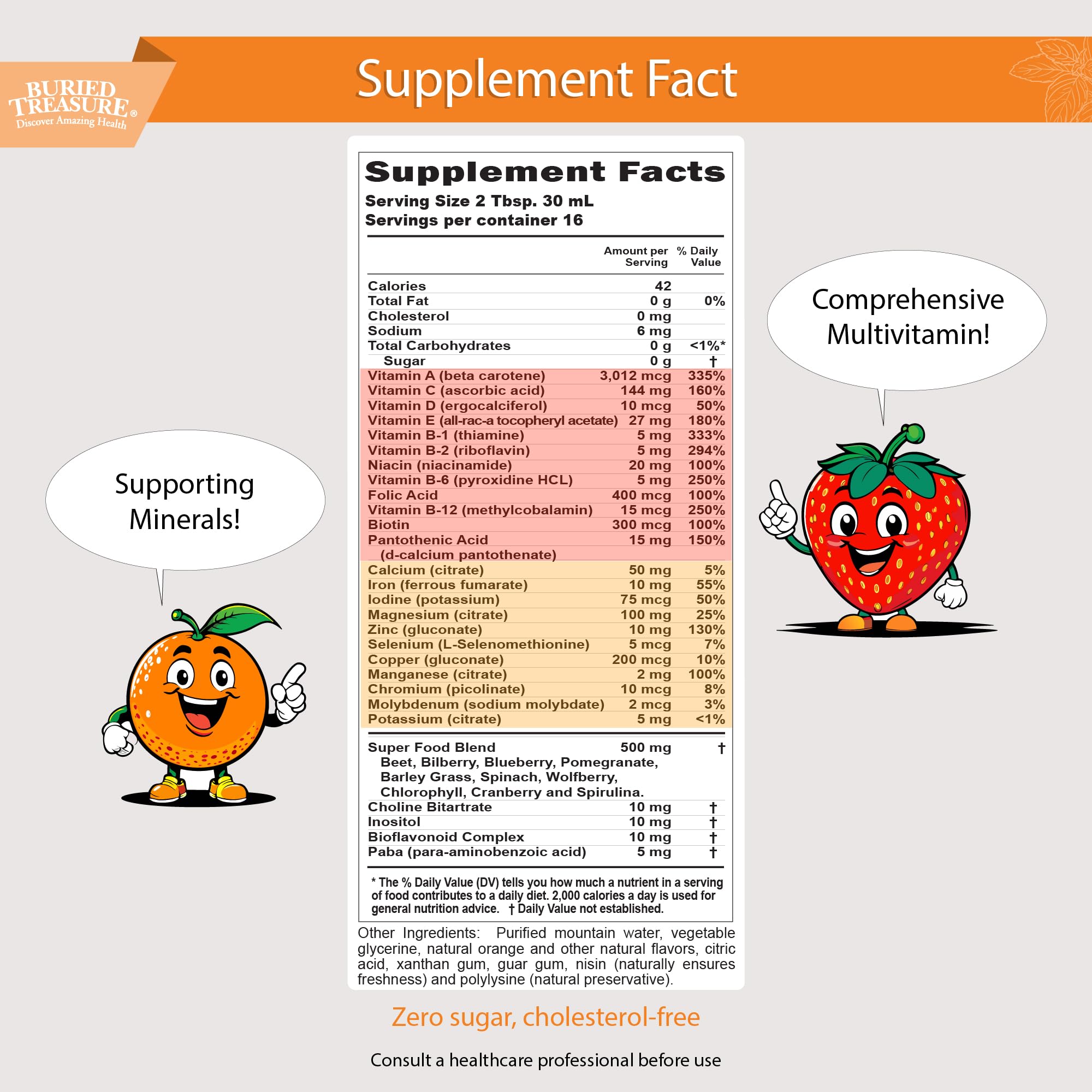 Buried Treasure Children’s Daily Liquid Multivitamin - 16 oz, 16 servings, Orange Mango Flavor, Supports Kids with Essential Nutrients & Minerals