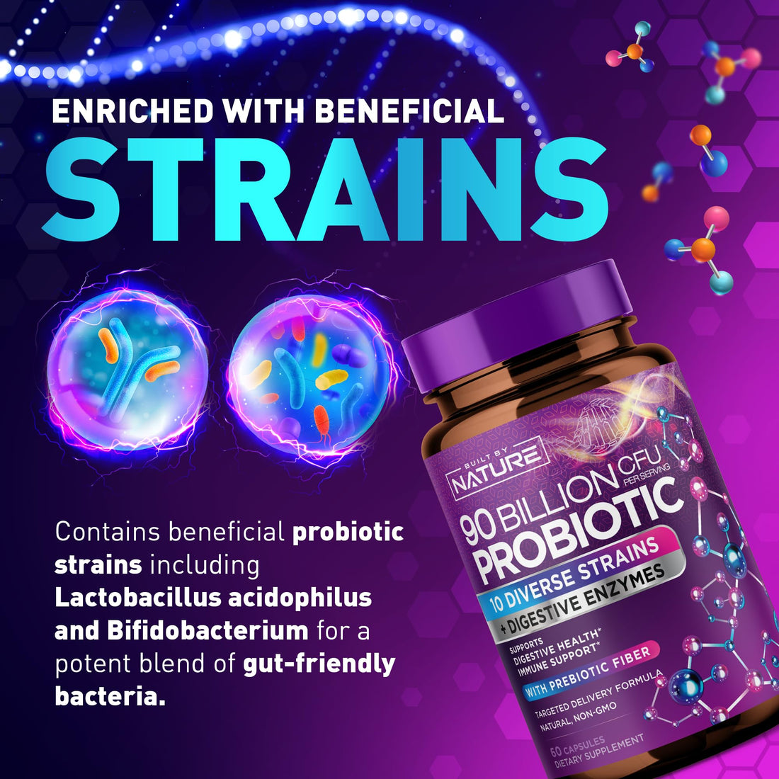 90 Billion CFU Probiotic - Daily Digestive Gut Health Supplement for Men & Women - Lactobacillus acidophilus, Bifidobacterium & Prebiotics - Non-GMO, Gluten & Dairy Free, Shelf-Stable - 60 Capsules