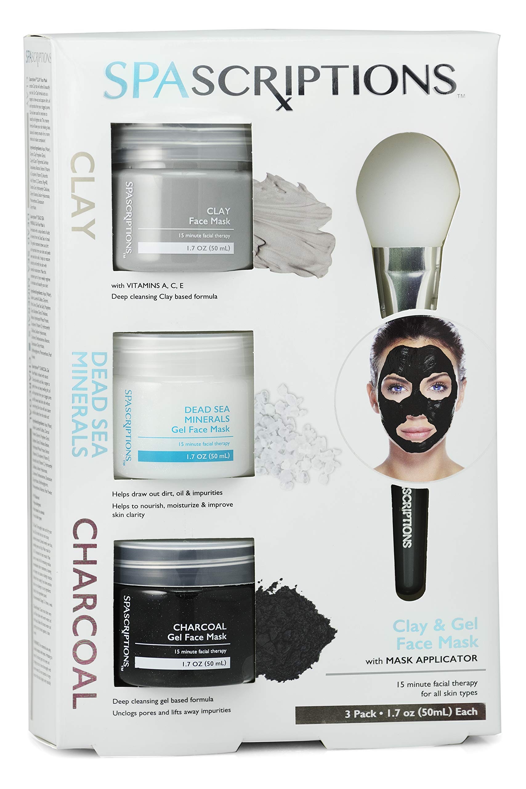 SpaScriptions Dead Sea & Charcoal with Clay Gel Face Mask Trio With Applicator, 1 Count