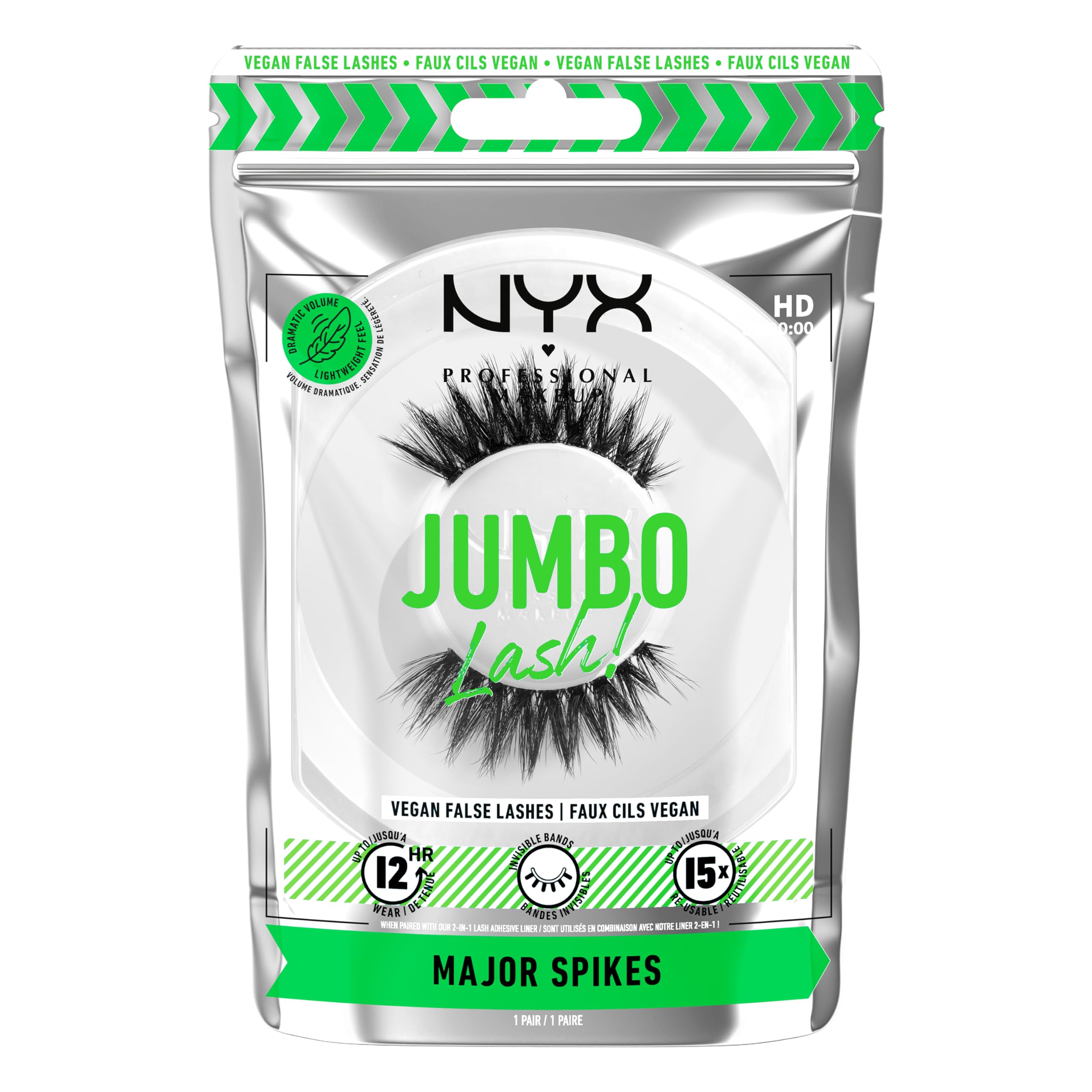 NYX PROFESSIONAL MAKEUP Jumbo Lash! Vegan False Eyelashes, Up to 12HR Wear, Reusable Fake Lashes - Major Spikes