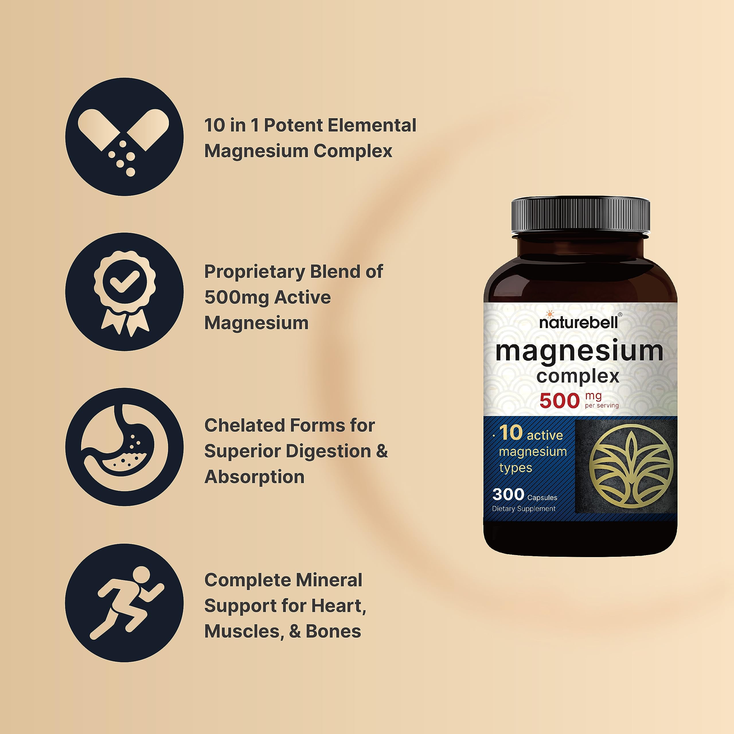 NatureBell Magnesium Complex Supplement 500mg, 300 Capsules | 10 Active Forms – Glycinate, Citrate, Taurate, Plus More | 100% Chelated & Purified | Bone, Heart, & Muscle Support | Non-GMO