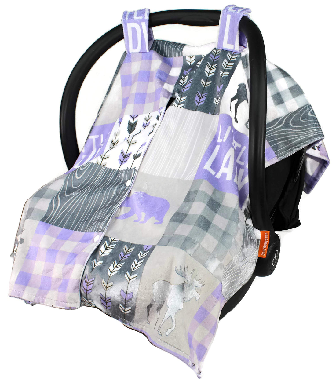 Dear Baby Gear Deluxe Reversible Car Seat Canopy, Custom Minky Print, Adventure Little Lady Faux Quilt Lavender and Lavender Lumberjack Plaid