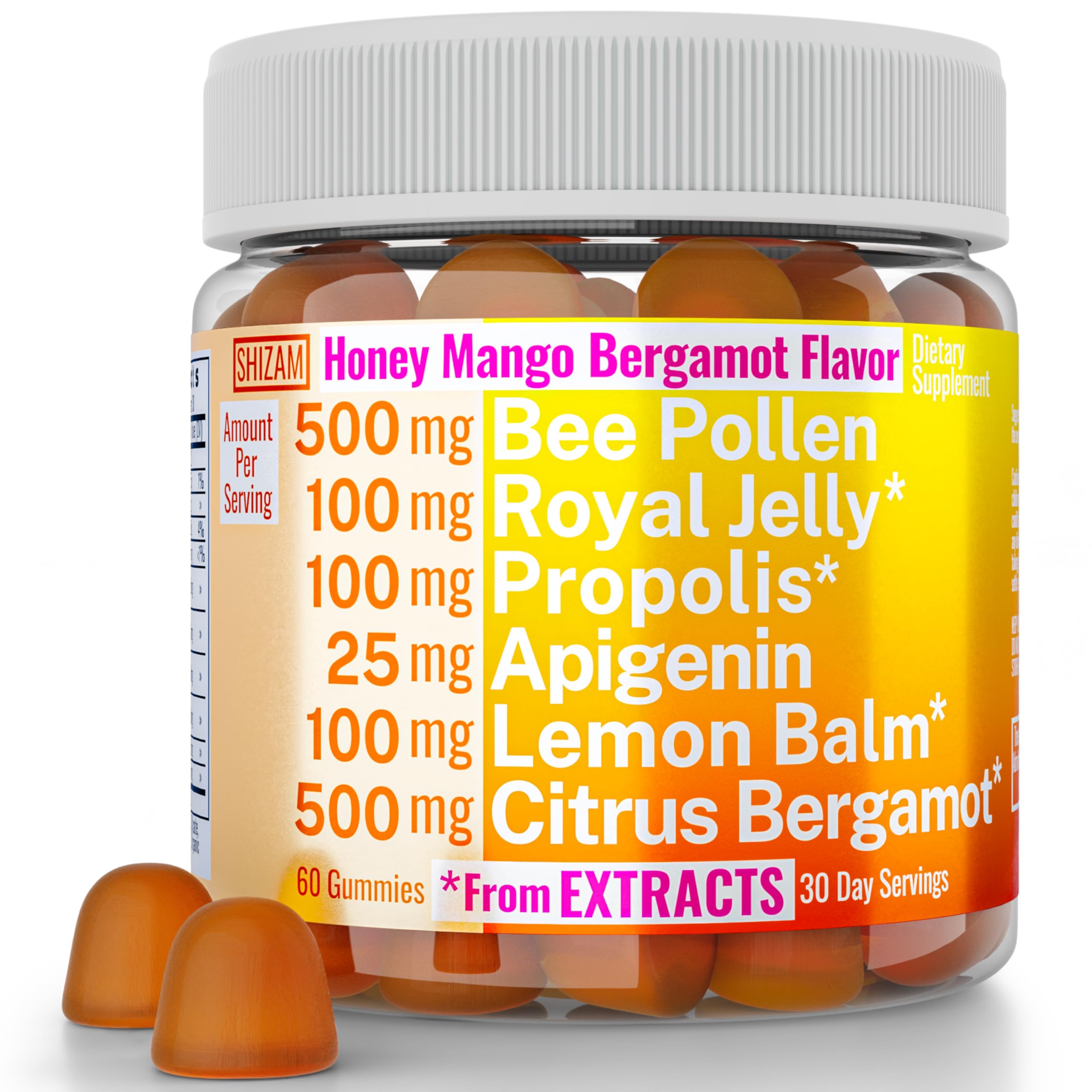Bee Pollen Apigenin Citrus Bergamot Gummies w Organic Propolis Royal Jelly Honey Lemon Balm Extract, Supplement for Men Kids, Tincture Drops Powder Capsule Herb Capsules Supplements Alt, Pollan Polen
