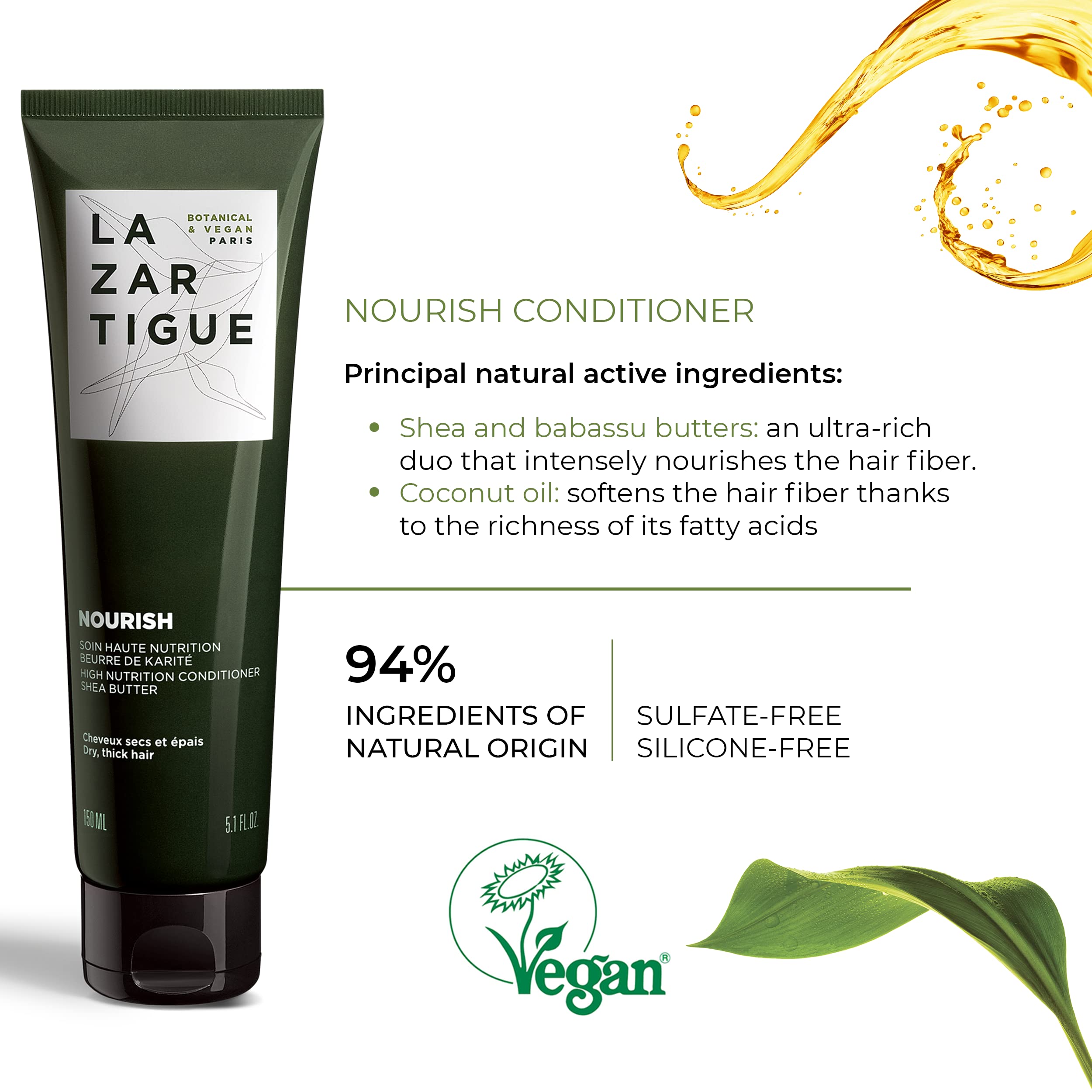 Lazartigue Nourish Conditioner, Enriched with Shea Butter, Intensely Nourishes & Softens Dry Hair, Easier to Detangle, Lastingly Disciplined, Shiny, Vegan 5.1 fl Oz