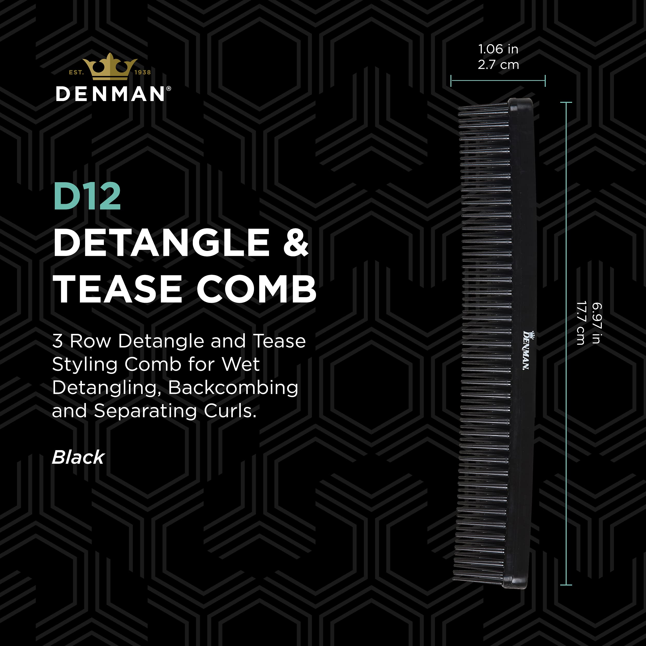 Jack Dean by Denman (Black) Curl Volumiser Comb for Separating, Styling, Defining, Enhancing & Boosting Curls (D12)