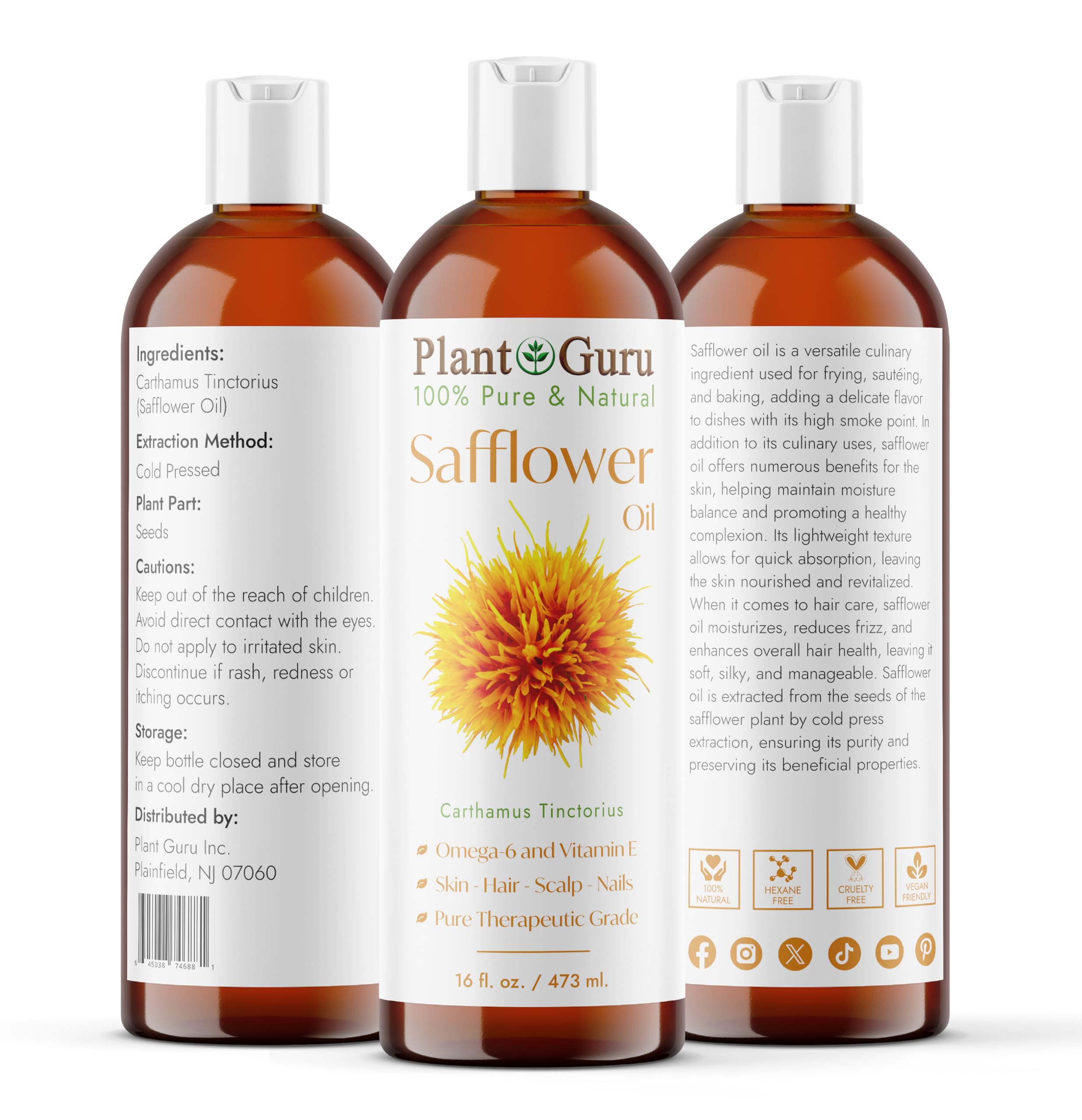 Safflower Oil 16 oz Cold Pressed 100% Pure Natural Carrier - Skin, Body And Face. Great For Moisturizing Creams, Lotions, Scalp Treatments, and Lip Balms