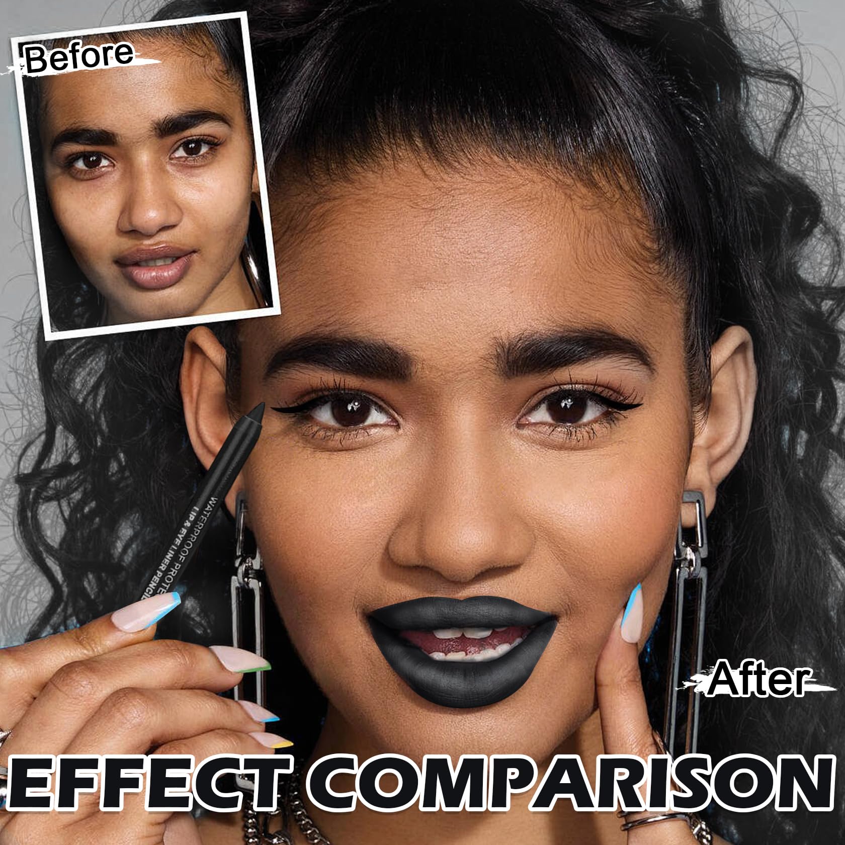 AOAZXBB Pearlescent Liquid Lipstick Set - Black Lip Gloss, Long Lasting Black Lip Liner for Halloween Cosplay, Goth Makeup