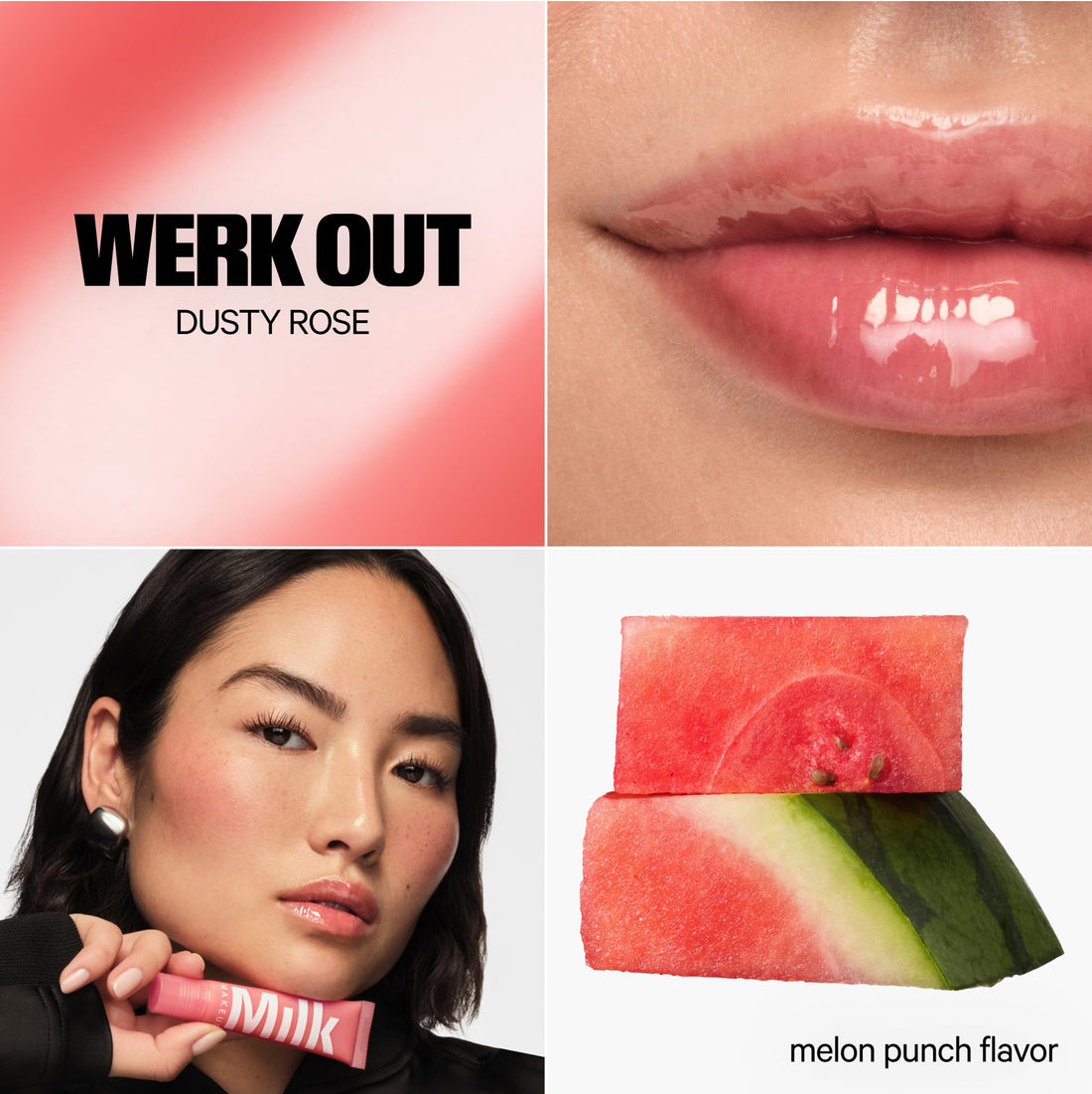 Milk Makeup Balmade Electrolyte Lip Balm – Hydrating, Sheer Gloss Nourishes + Replenishes Moisture – Clean, Vegan Formula with High-Shine Finish – Werk Out (Dusty Rose, Melon Punch), 0.4oz