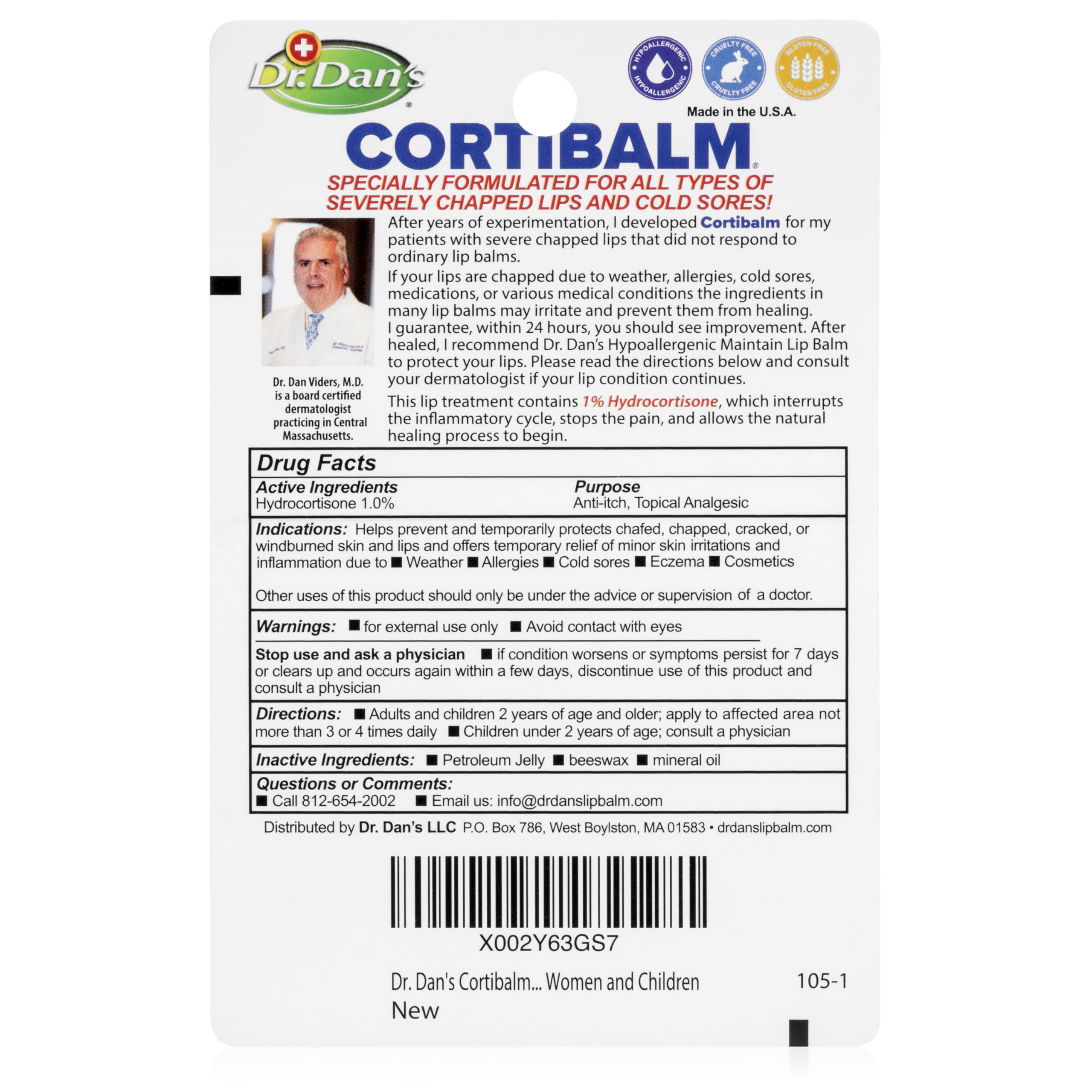 Dr. Dan's Cortibalm - 1 Pack - for Dry Cracked Lips - Healing Lip Balm for Severely Chapped Lips - Designed for Men, Women and Children