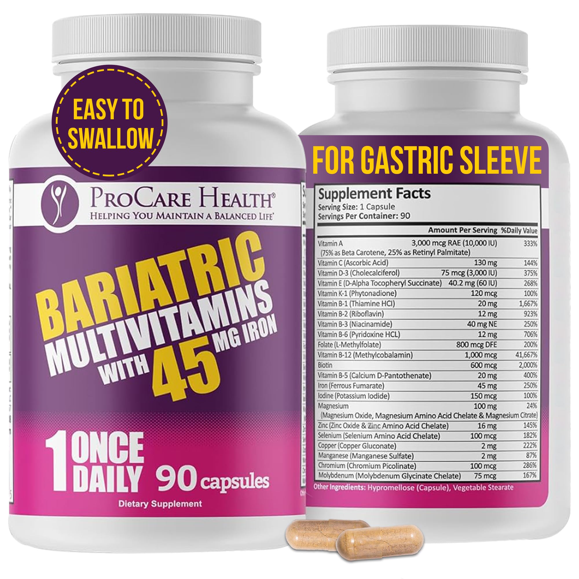 ProCare Health Bariatric Multivitamin with Iron 45mg (90 Easy to Swallow Capsules) - Post Op Bariatric Vitamins for Gastric Bypass Pills for Sleeve Patients, Sustain Recovery & Energy (3 Month Supply)