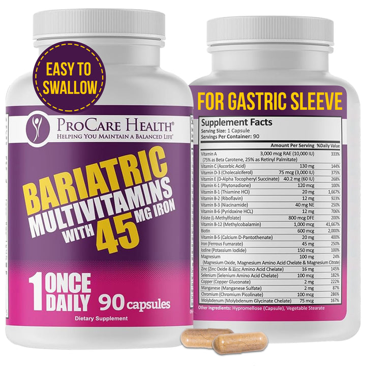ProCare Health Bariatric Multivitamin with Iron 45mg (90 Easy to Swallow Capsules) - Post Op Bariatric Vitamins for Gastric Bypass Pills for Sleeve Patients, Sustain Recovery & Energy (3 Month Supply)