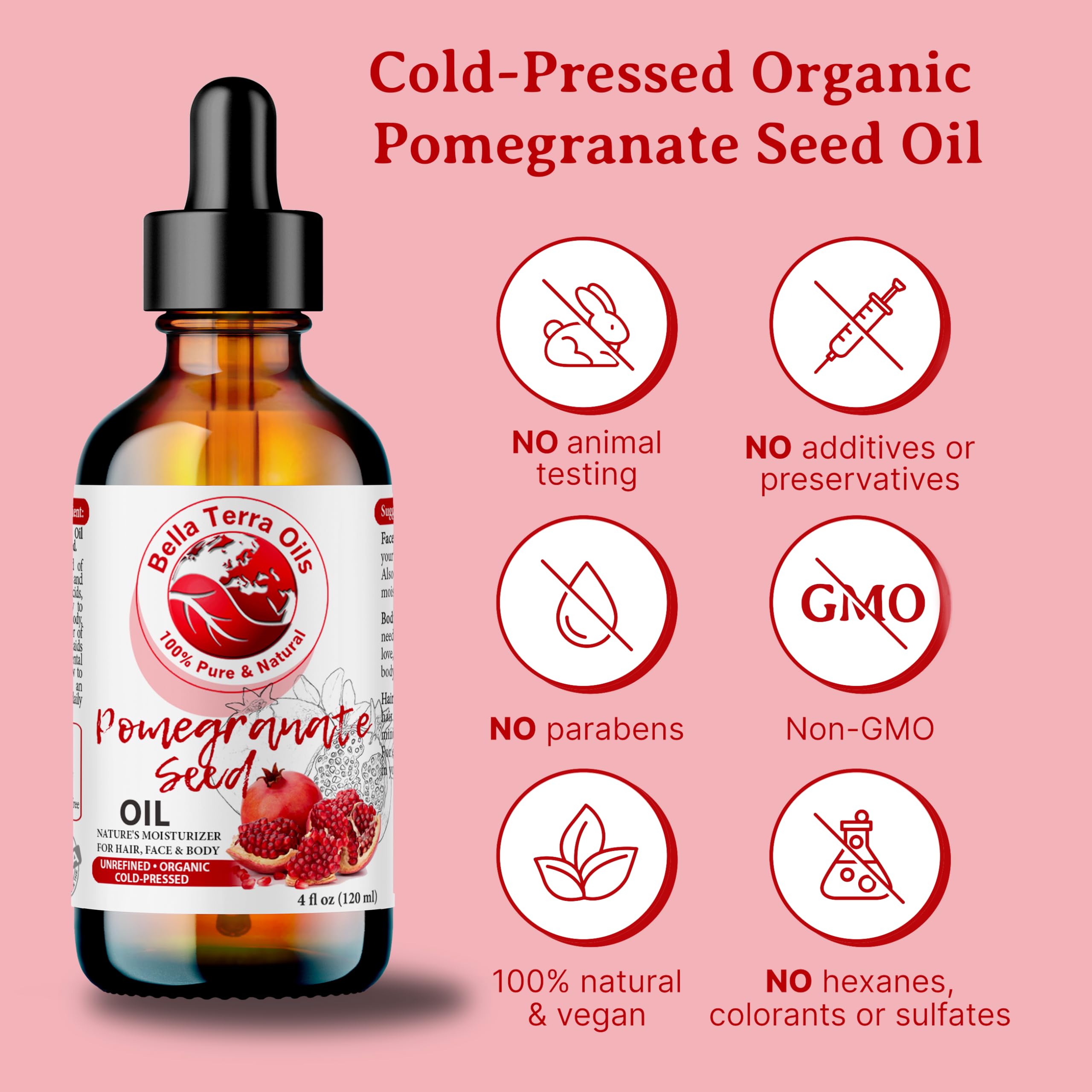 Bella Terra Oils New Pomegranate Seed Oil. 8Oz. Cold-Pressed. Unrefined. Organic. 100% Pure. Rich In Antioxidants. Hexane-Free. Rejuvenates Skin. Softens Hair. Natural Moisturizer. For Hair, Skin,