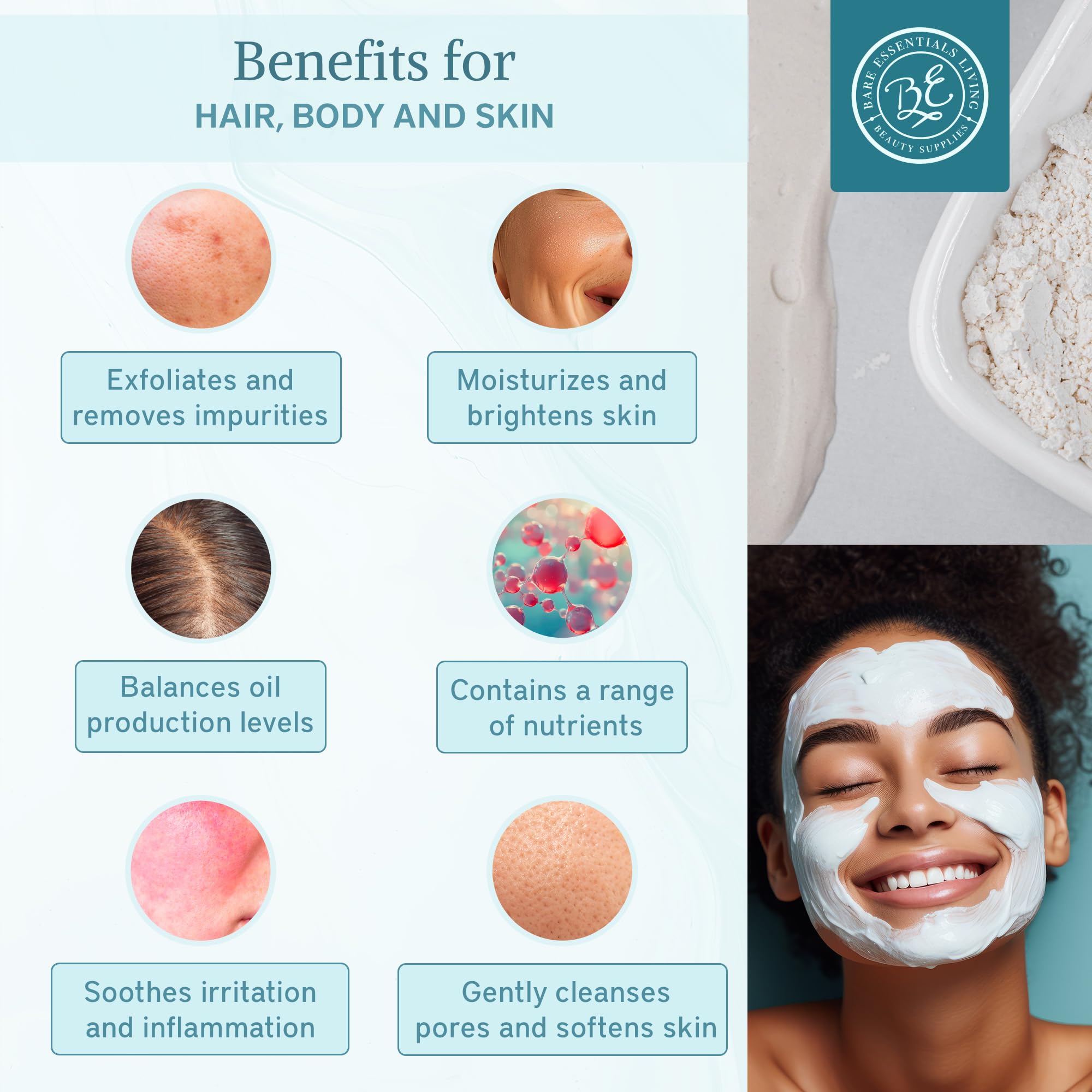 Kaolin White Clay 2 lb Powder, 100% natural for making DIY spa mud mask for face/facial, hair, body, soap, deodorant, bath bomb, setting makeup, lotion and gardening by Bare Essentials Living