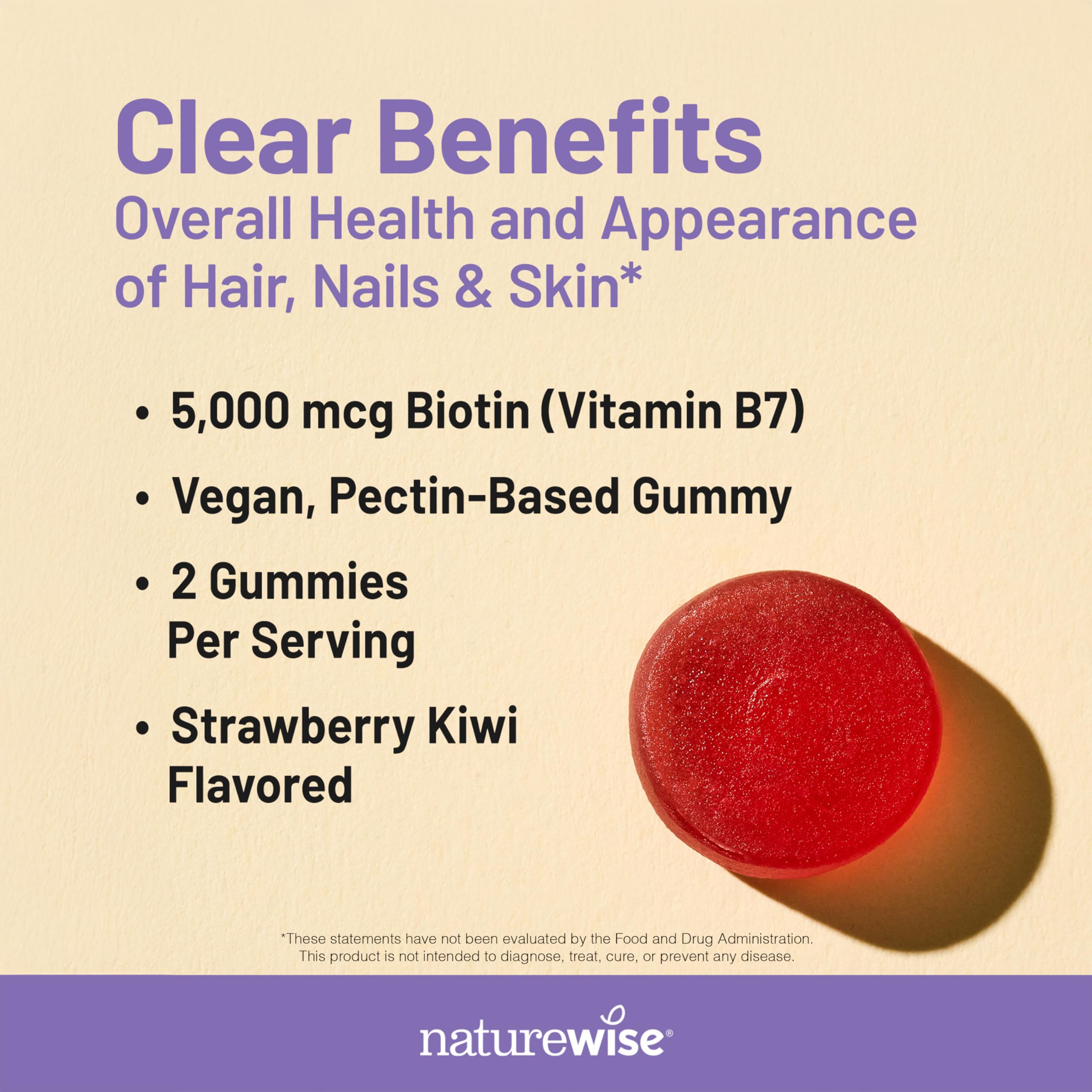 NatureWise Biotin Gummies - Supports Healthy Hair, Skin and Strong Nails - Vitamin B7 5000mcg - Natural Beauty - Strawberry-Kiwi Flavor - Vegan, Non-GMO, Gluten Free - 60 Count[30 Day Supply]