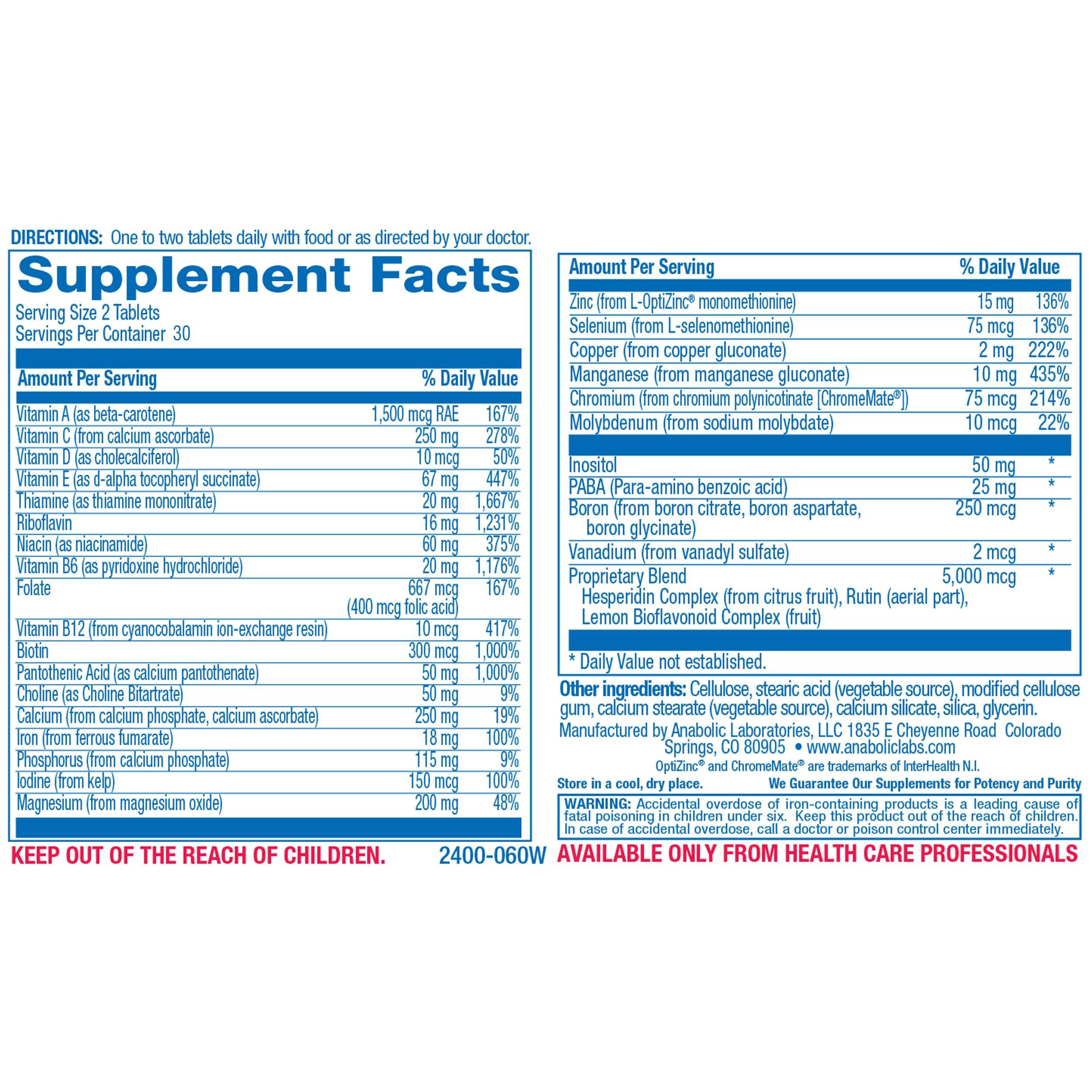 30-in-1 Adult Multivitamin with Iron - Antioxidant Rich Over 50 Multivitamin for Women and Men with Vitamins A C D E B Complex Zinc Magnesium Myo Inositol Lutein Lycopene & More - 1 Month Supply