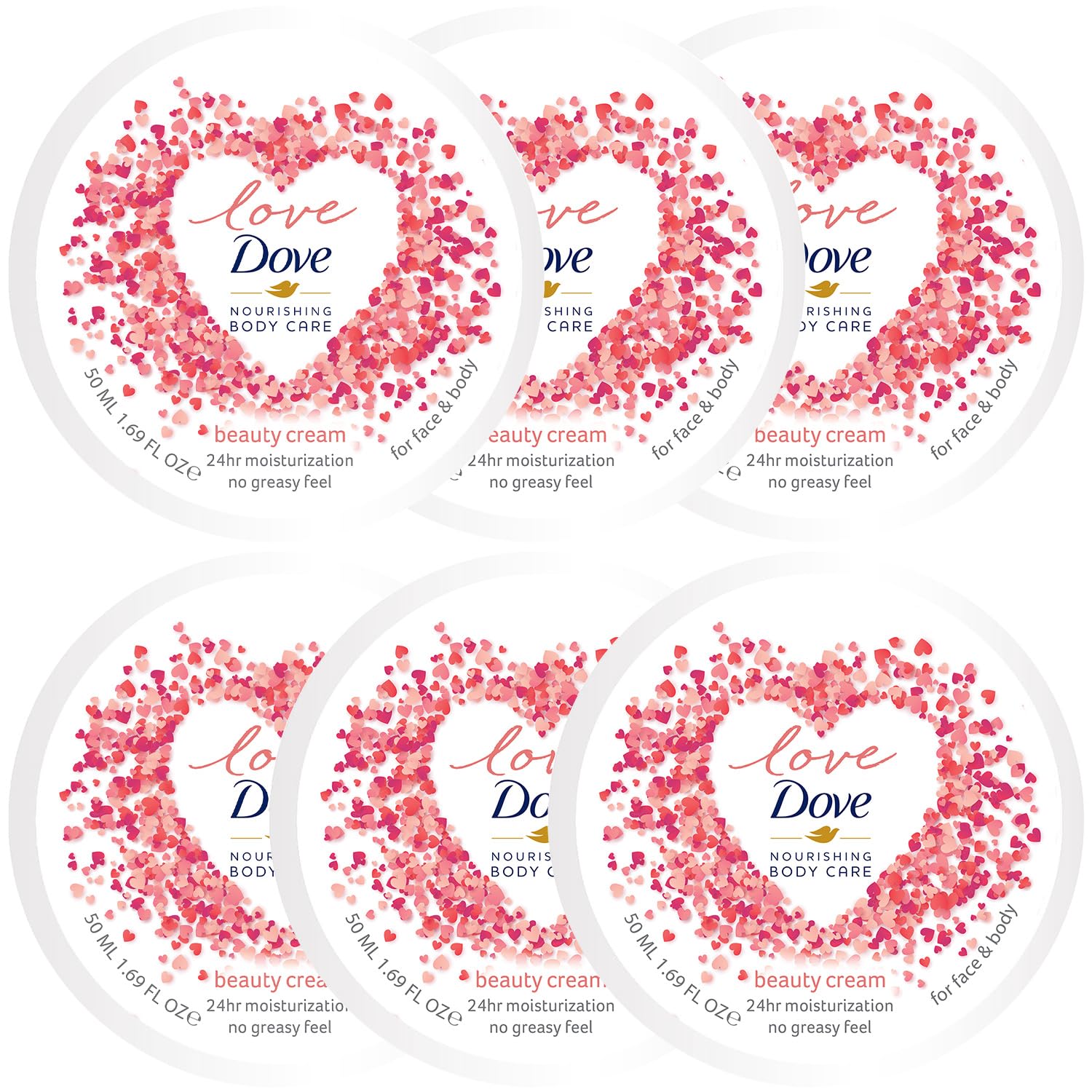 Dove Body Love Beauty Cream, Face & Body, 6-Pack – 24H Moisturizing Cream for Dry Skin, Travel-Size, 1.69 Fl Oz Ea