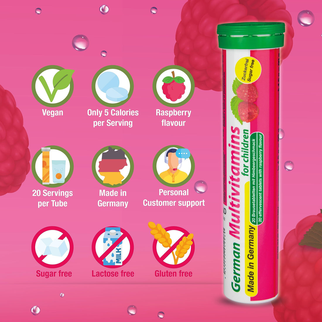 T&D German Multvitamin for Children 8 Vitamins - 240 Vegan Drink Effervescent Tablets - Raspberry Flavor - Made in Germany