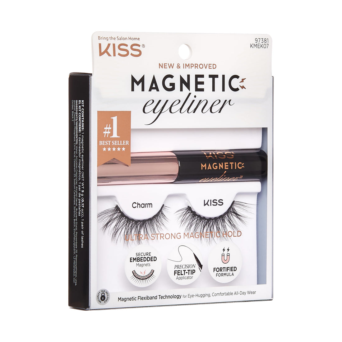 KISS Magnetic Eyeliner & Lash Kit, Charm, 1 Pair of Synthetic False Eyelashes With 5 Double Strength Magnets and Smudge Proof, Biotin Infused Black Magnetic Eyeliner with Precision Tip Brush