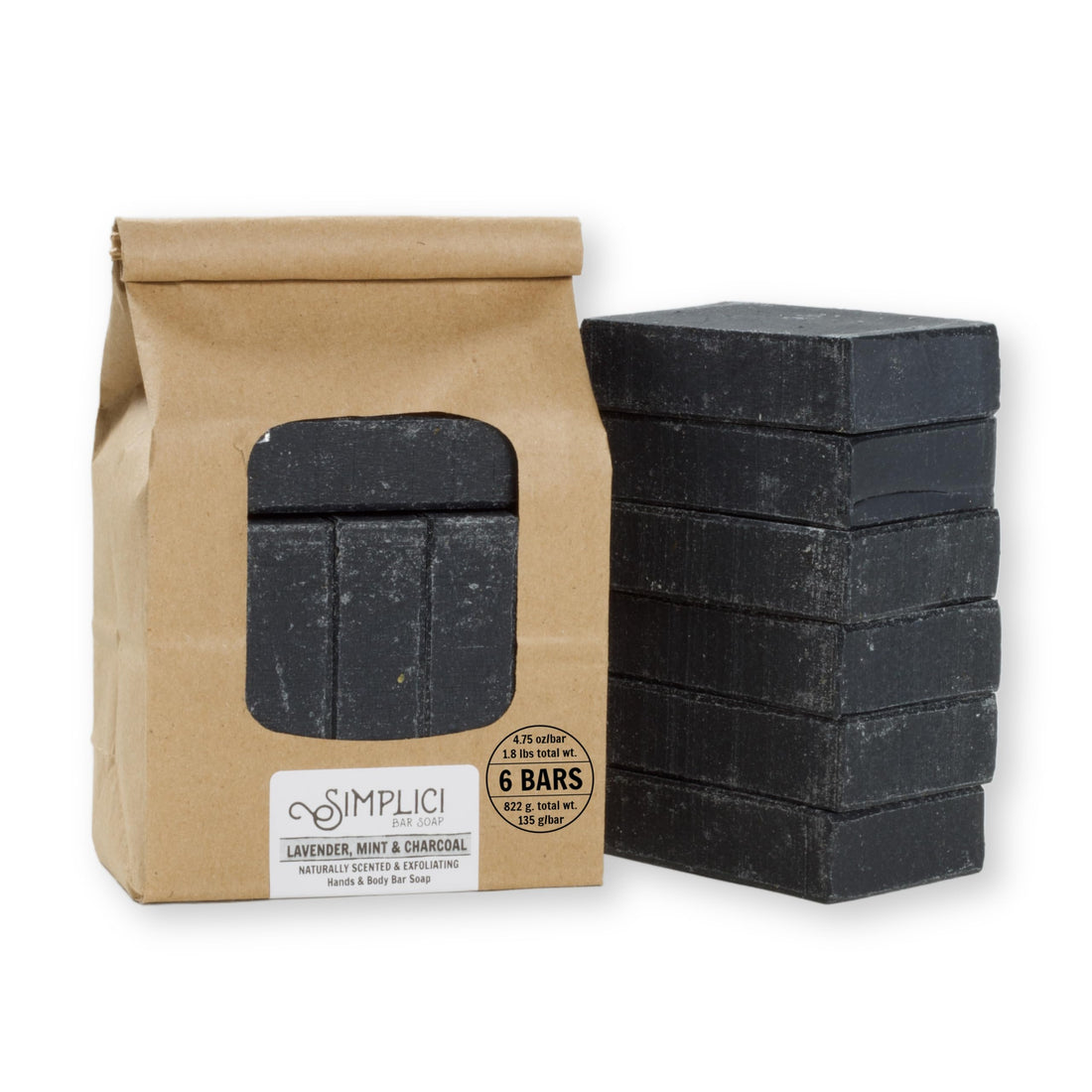 Simplici Lavender, Mint, & Charcoal Natural Soap (smooth + pure essential oils) 6 Bar Value Bag. Palm Free.
