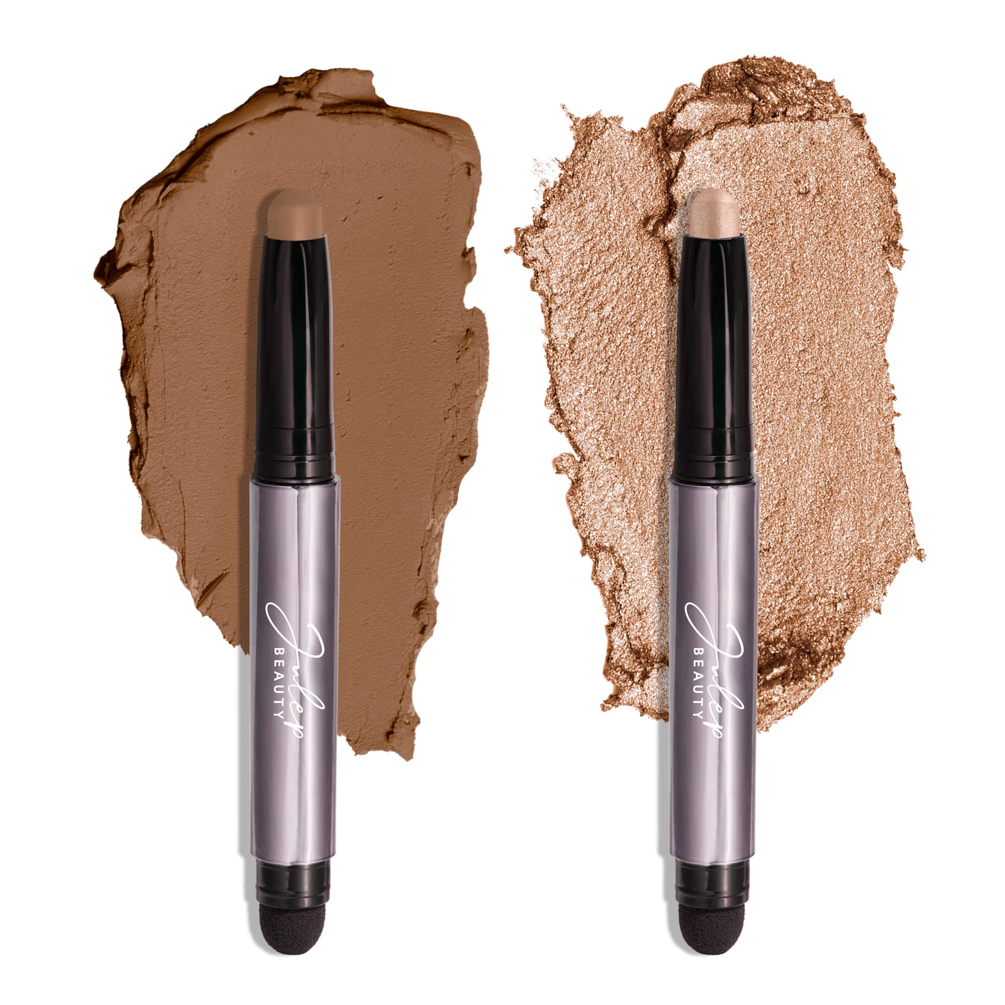 Julep Eyeshadow 101 Crème-to-Powder Waterproof Eyeshadow Stick Duo – Long-Lasting, Crease-Proof, Easy Apply with Built-in Smudger - Sand Shimmer and Smoky Tawny Matte