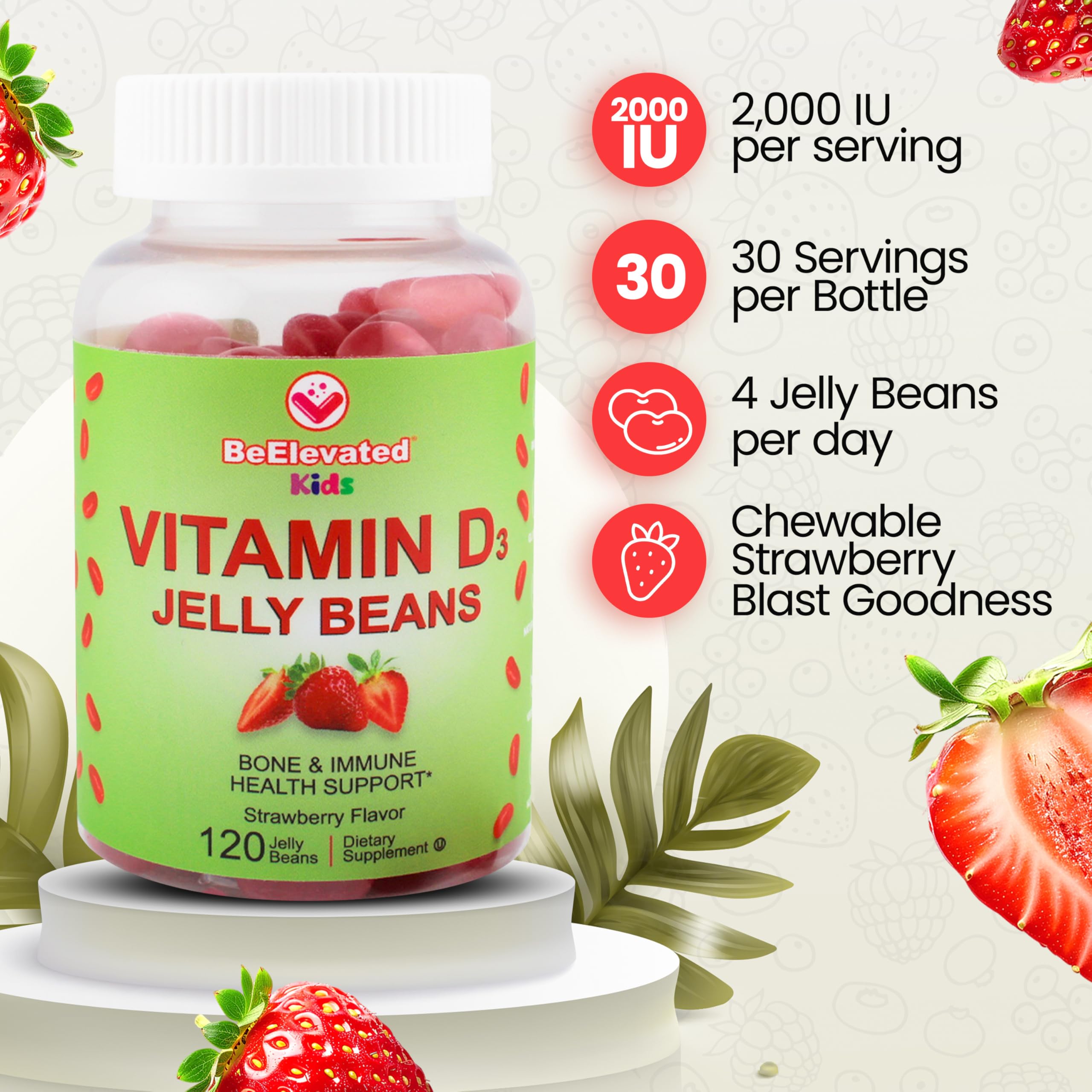 BeElevated Vitamin D3 Jelly Beans - Chewable Vitamins Gummies for Kids Immune Support - Multivitamin Supplements for Bone & Joint Support - 2,000 IU Vegetarian Gummy - 120 Strawberry Flavor Beans