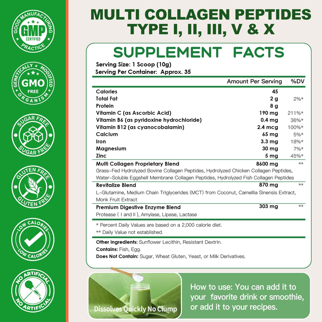 NATURE TARGET Multi-Collagen-Peptides-Powder - Hydrolyzed Collagen with Energy Blend + Multivitamin & Minerals, Supports Energy Skin Hair Nail & Joint, Non-GMO, 35 Servings