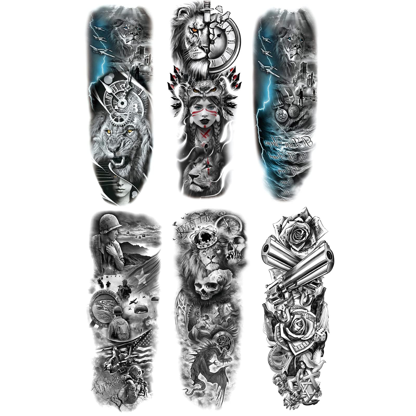 Kotbs 6 SheetsTribal Lion Forest Full Arm Temporary Tattoo Sleeves for Women Adults, Indian Warrior Military Gun Full Sleeve Tattoo for Men Waterproof Fake Tattoos