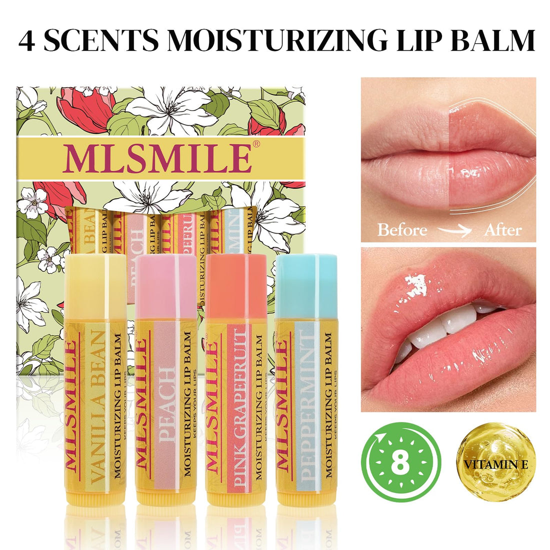 4PCS Lip Balm Set Lip Care with Vitamin E fruity Moisturizing lip balm,Beeswax Classic Set,Original Beeswax Moisturizing Lip Balm,Prevents & Soothes Dry, Chapped Lips Moisturize all day