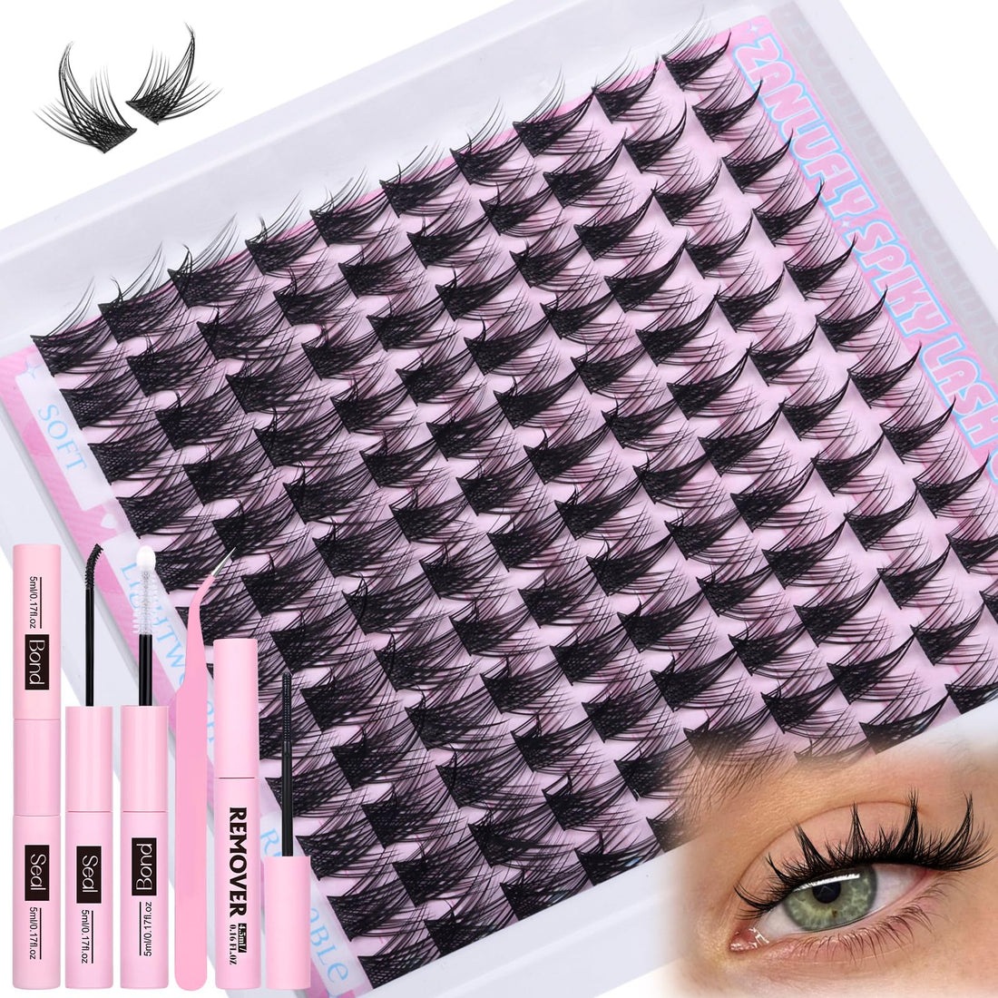 Manga Lash Clusters Kit Anime Eyelash Clusters Kit Wispy Cluster Eyelash Extension Kit DIY Lash Extension Kit 10-16mm Spiky Individual Lashes with Bond and Seal Lash Glue, Tweezers and Remover