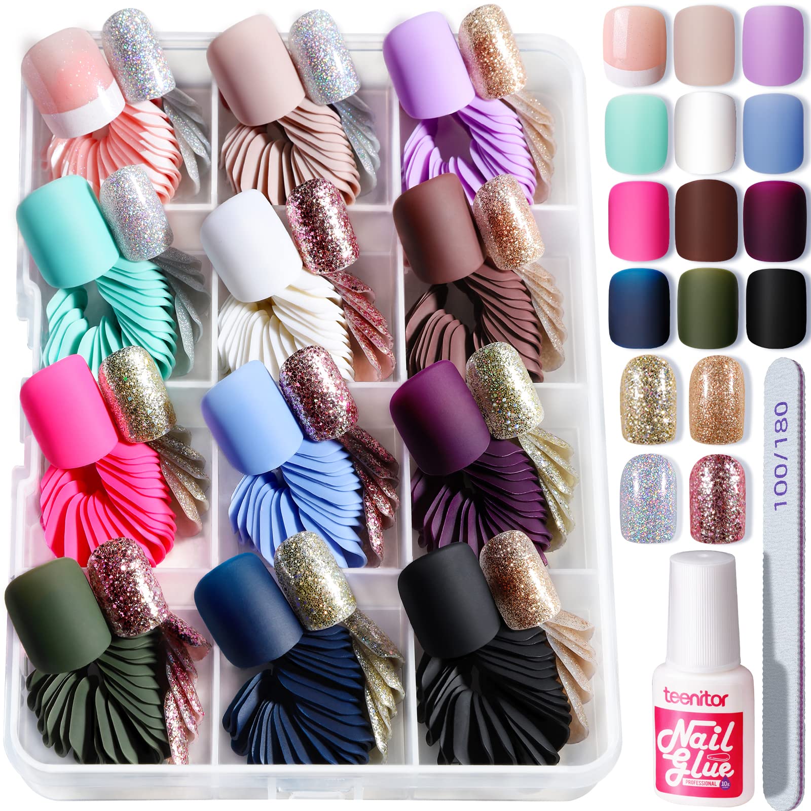 Teenitor Matte Acrylic Short Square Fake Nails, 360Pcs Full Cover, Glitter Press-On False Nails