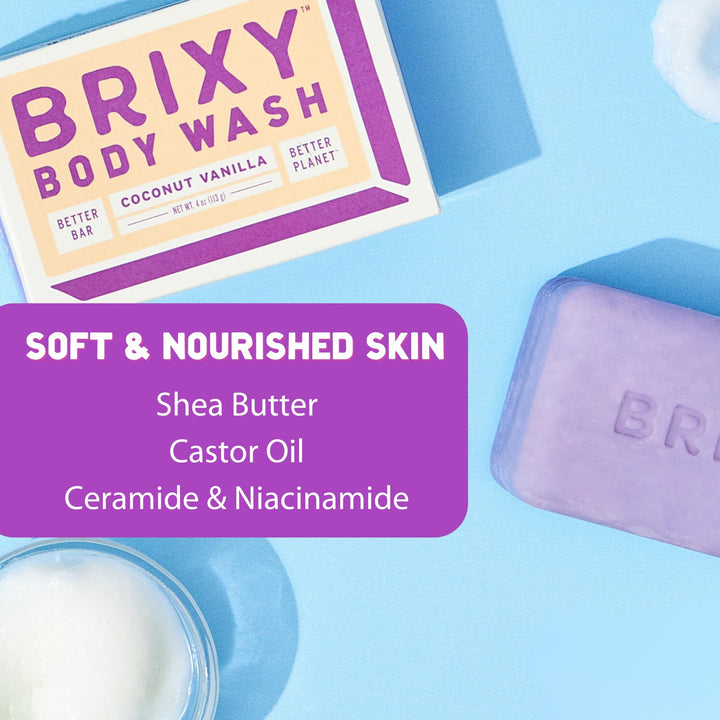 BRIXY Soap-Free Moisturizing Body Wash Bar, Gentle Skin Cleanser With Shea Butter & Castor Oil, Ceramide & Niacinamide Help Support The Skin Barrier, pH balanced, Noncomedogenic, Made in US, 4oz