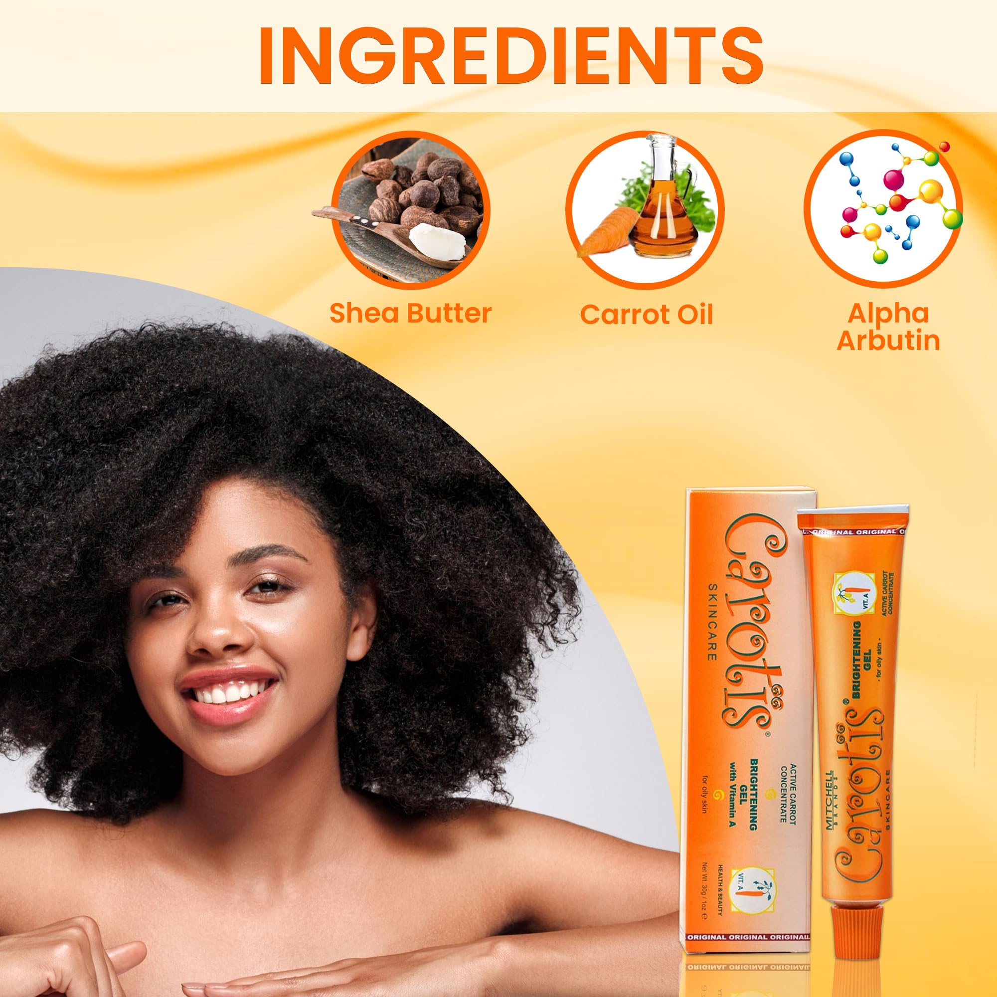 CAROTÏS Brightening Gel | 30g / 1 fl oz | Fade Dark Spots on: Face Armpit, Body Knees, Feet, Hands, & Even Out Skin Tone | with Carrot Oil and Alpha Arbutin, For