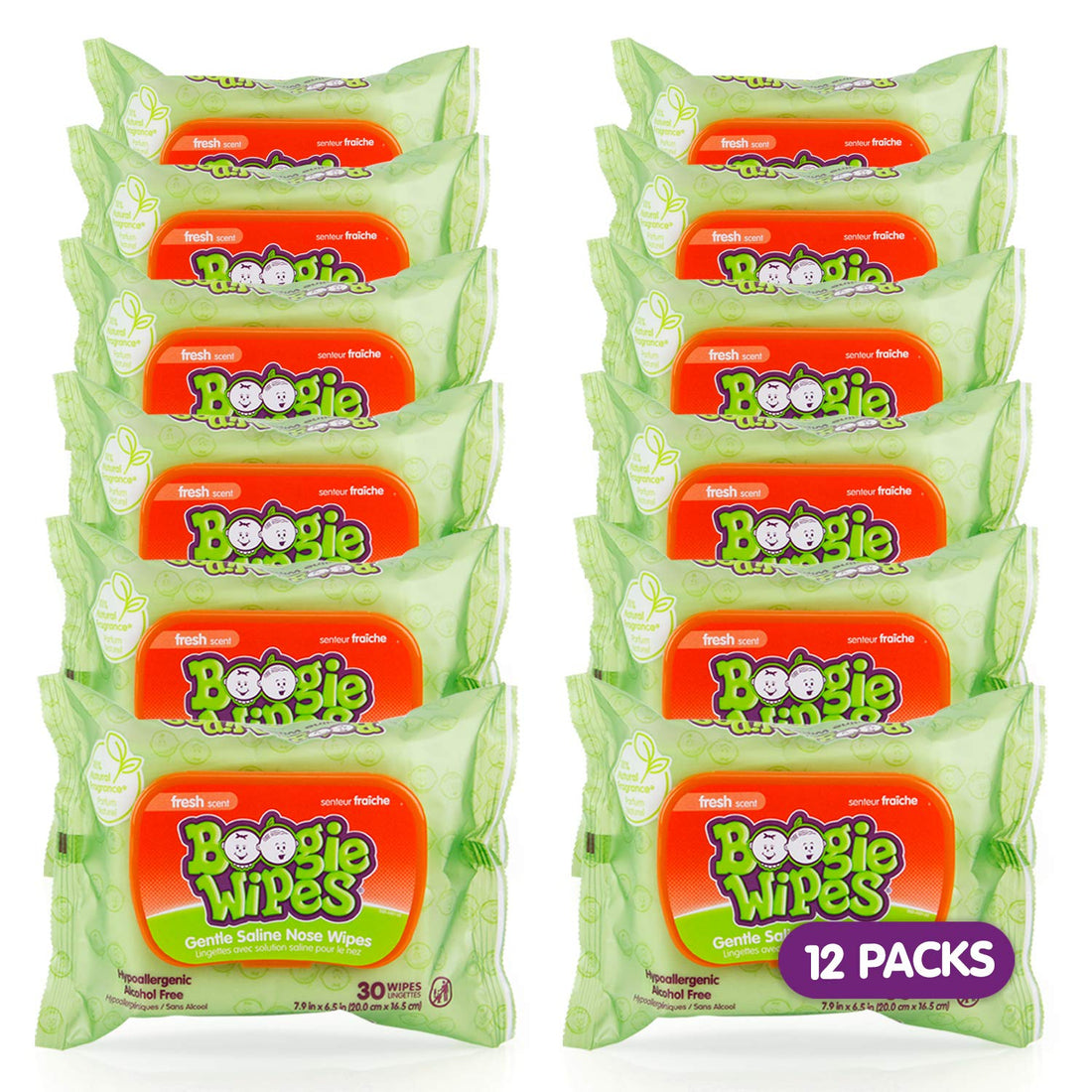 Saline Nose Wipes by Boogie, for Baby & Kids, Face, Hand & Body, FSA/HSA Eligible, Made with Vitamin E, Aloe, and Natural Saline, Fresh Scent, 30 Count (Pack of 12)