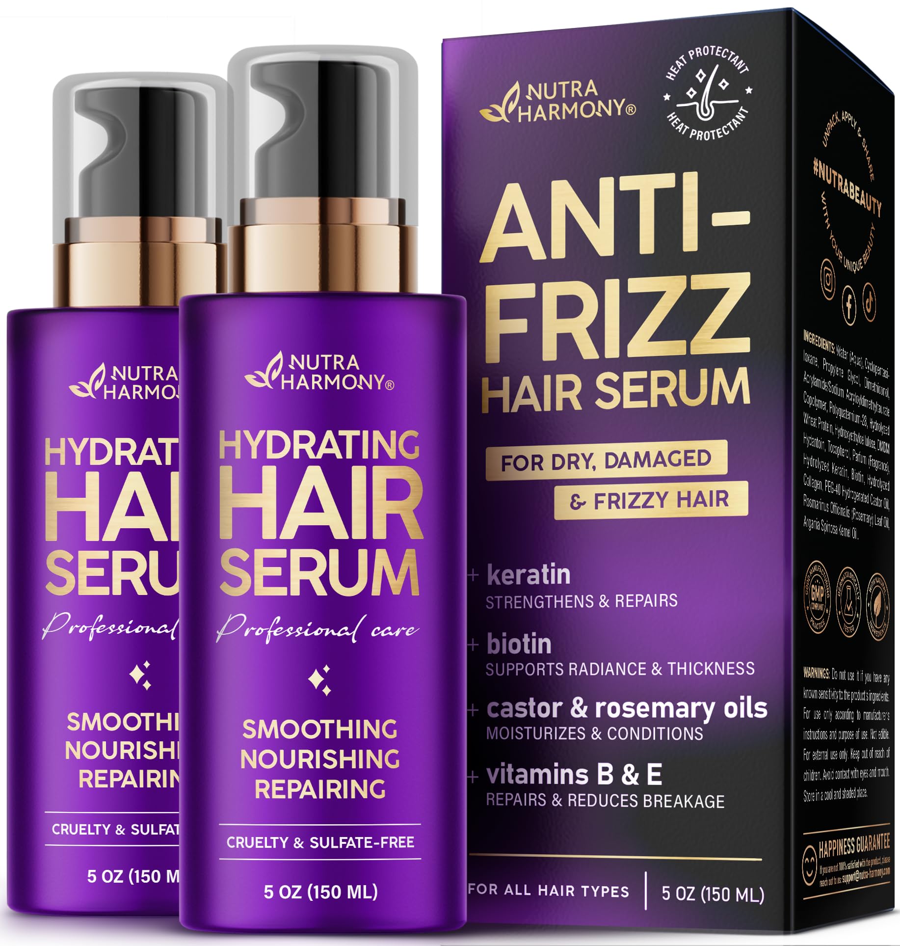 Hydrating Hair Serum – Keratin Hair Treatment for Dry, Frizzy, Damaged Hair – Biotin, Castor & Rosemary Oils – Anti-Frizz, Heat Protectant & Split Ends Repair for Smooth, Shiny Hair, Pack of 2