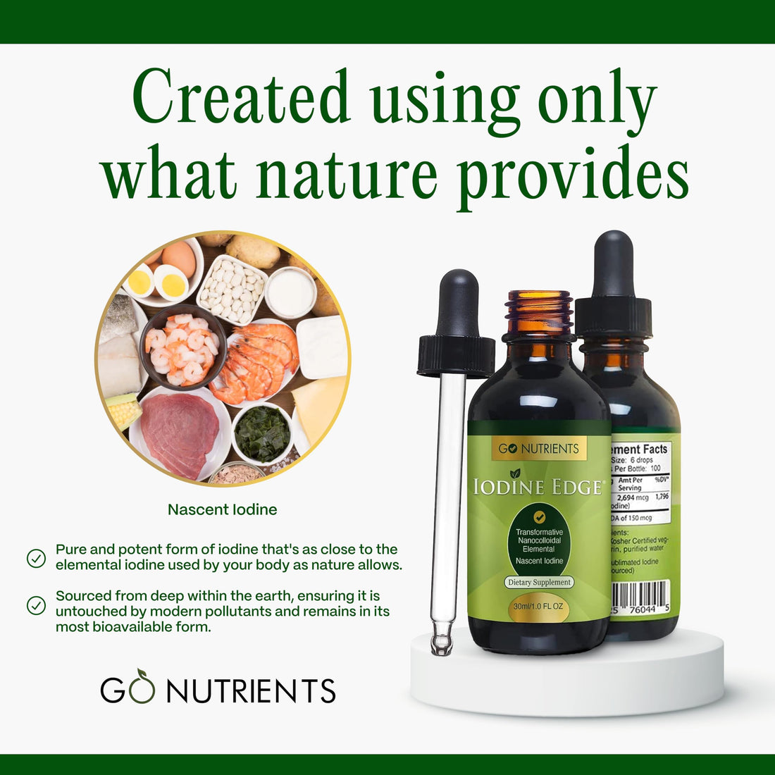 Go Nutrients Iodine Edge - Organic Nascent Iodine Supplement - Advanced Iodine Drops for Thyroid Support, Boosted Energy, Cognitive Function & Immunity - 1oz Fast Absorbing Liquid Formula, GMO-Free