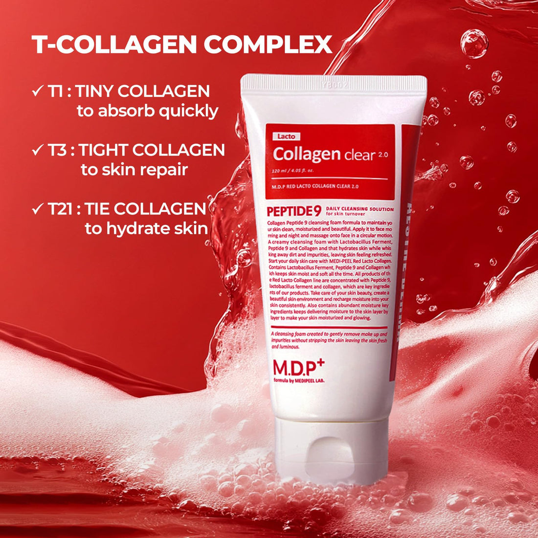 MDP+ RED LACTO COLLAGEN CLEAR 2.0, Peptide, Deep Pore Cleansing, Hydrating|4.05oz/120ml,Pore Tightening, Hydrating Cleanser, Daily Moisturizing Cleanser, Foaming Facial Wash