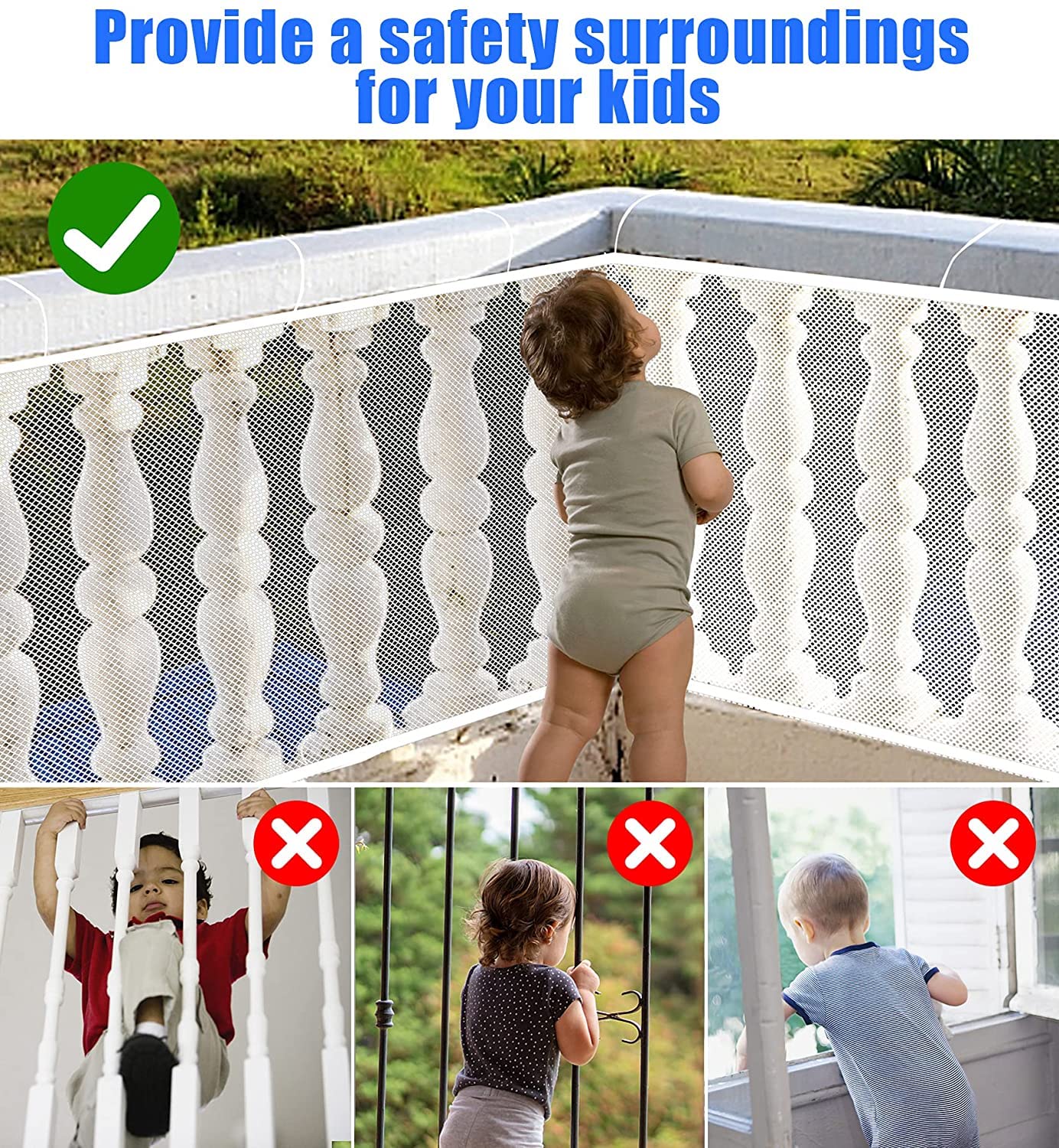 JIFTOK Baby Gate for Stairs, Banister Guard for Kids, Pets, Toys, 10ft L x 2.66 ft H, Mesh Netting Safety Net for Balcony Rail Stair, Stairway Net Baby Safety Products for Indoor & Outdoor (White)