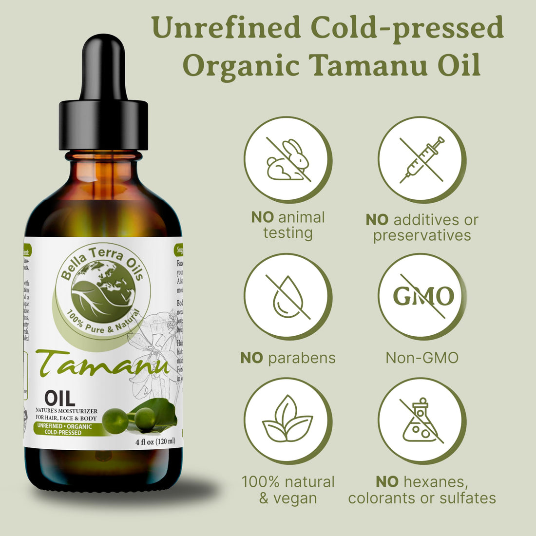 Bella Terra Oils - Organic Tamanu Oil 2oz - Celebrate Skin's Vitality, Naturally Rich in Fatty Acids & Vitamins, Distilled Essence from Pure Organic Tamanu Seeds