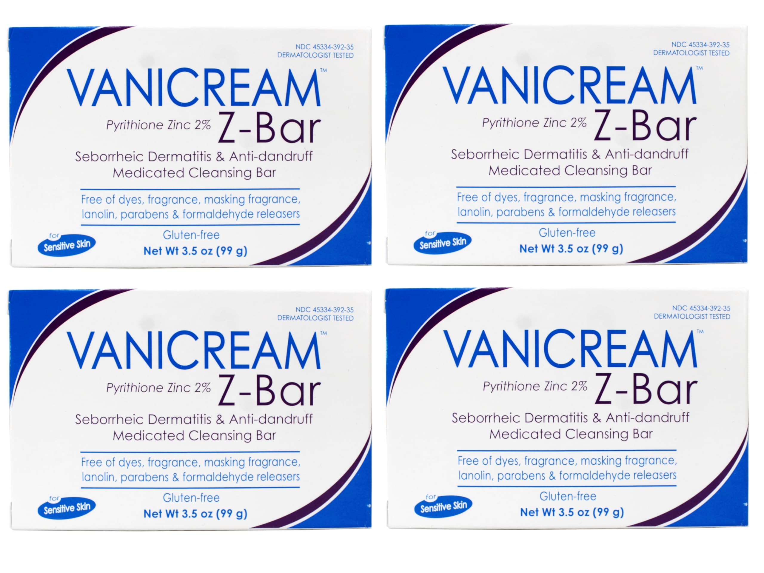 Vanicream Z-Bar Medicated Cleansing Bar, Pyrithione Zinc 2% for Seborrheic Dermatitis & Dandruff, Soap-Free, Gluten-Free, 3.5 oz (Pack of 4)