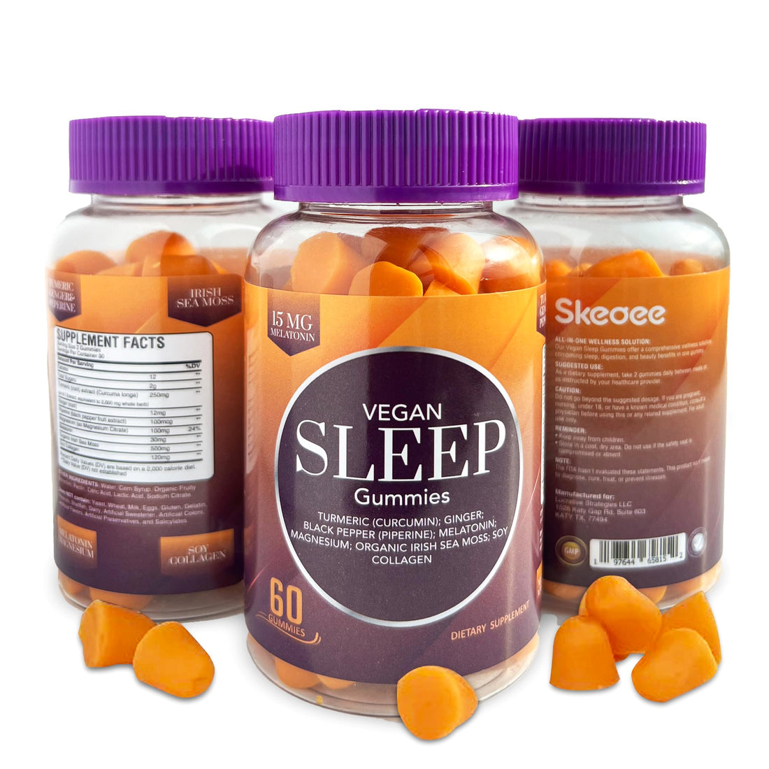 Skegee Vegan Sleep Gummies, Magnesium with Melatonin 15mg, Sea Moss, Collagen, Turmeric & Ginger, Non Habit Forming, Non-GMO, Gluten-Free, Mixed Berry Flavor, 60 Count