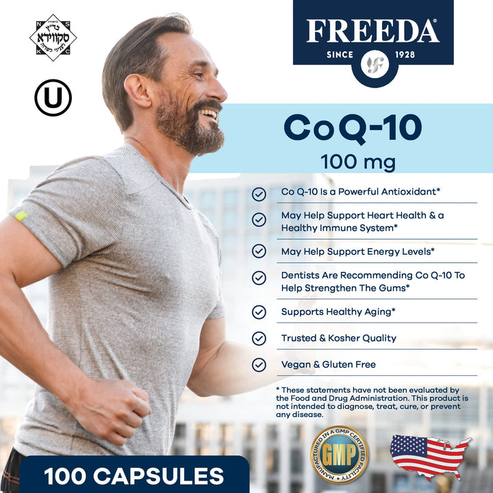 FREEDA CoQ10 100mg - Kosher Coenzyme Q10 Dietary Supplement for Cardiovascular Heart Health, Blood Pressure Support, Oral Gum Health, and Healthy Aging - Pure CoQ10 Capsules, 100 Count
