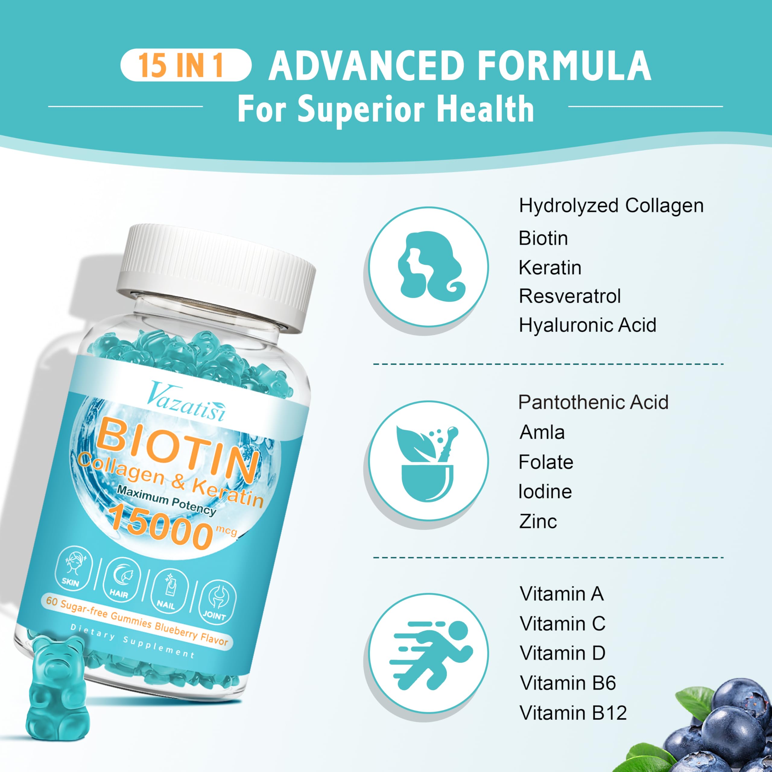 Biotin with Collagen Gummies, Hair Skin and Nails Vitamins Gummies, Vitamin C Zinc for Women Men - Blueberry Flavor, 2 Pack 120 Ct