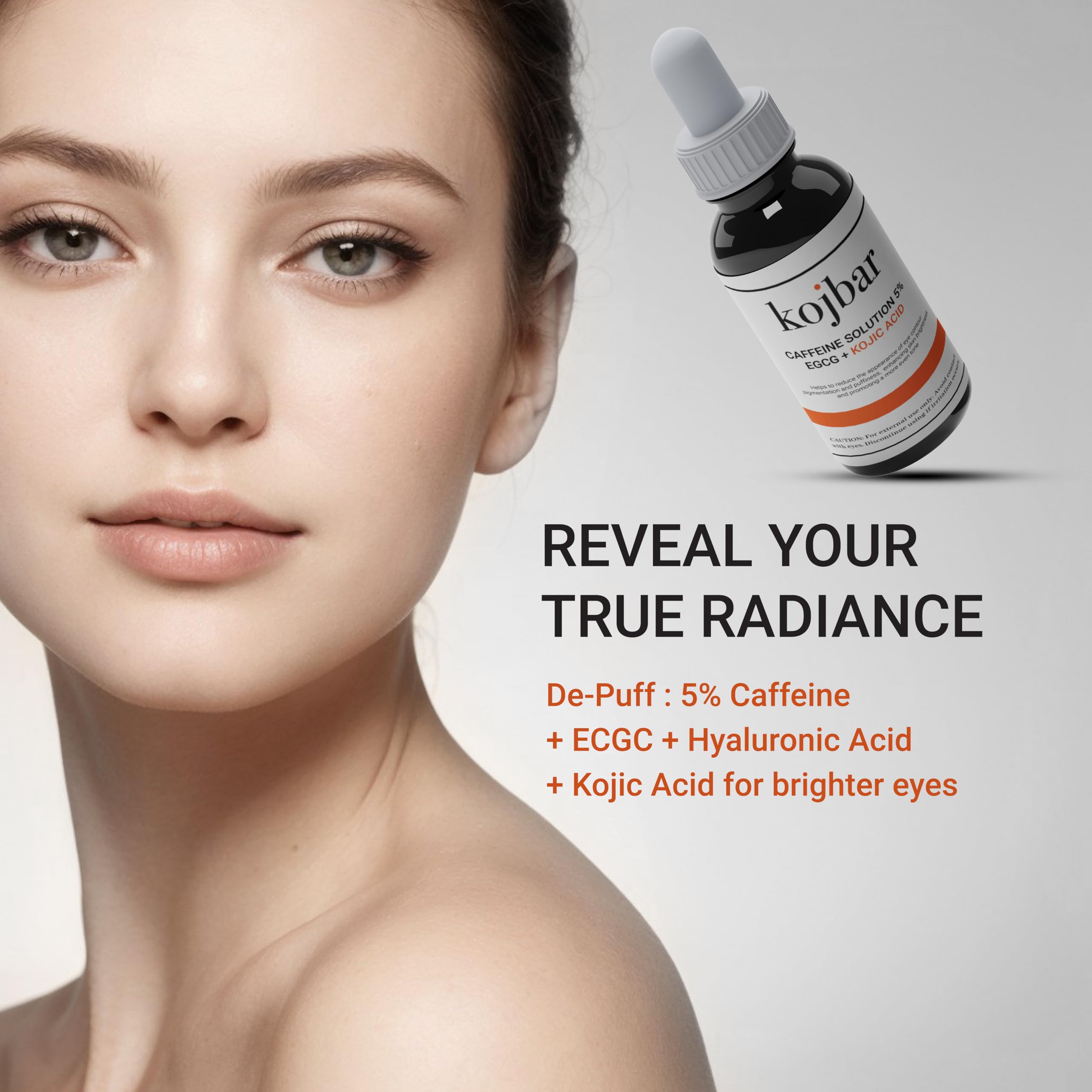 Kojbar Caffeine Solution 5% + EGCG & Kojic Acid Eye Serum – Energizing Eye Treatment for Puffiness & Dark Circles, 1.01 fl oz