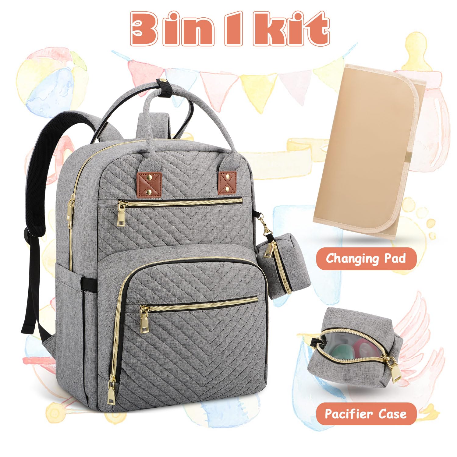 Tenot Baby Diaper Bag Backpack, Travel Diaper Bags for Baby Girl Boy Large Capacity Baby Bag Backpack for Women Grey